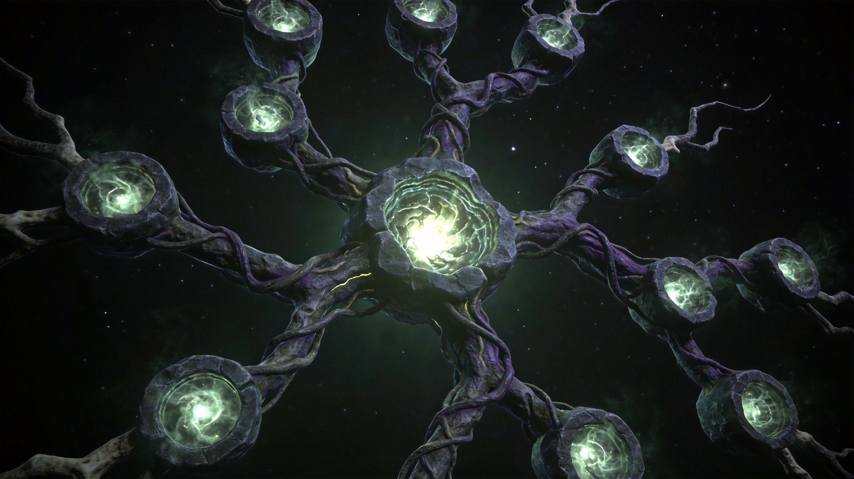 The Atlas Passive Tree Delirium cluster, with key nodes glowing in sickly green-grey light. Branching pathways resemble neural connections and twisting roots. The most important node pulses brightest. Deep black space background with faint stars.