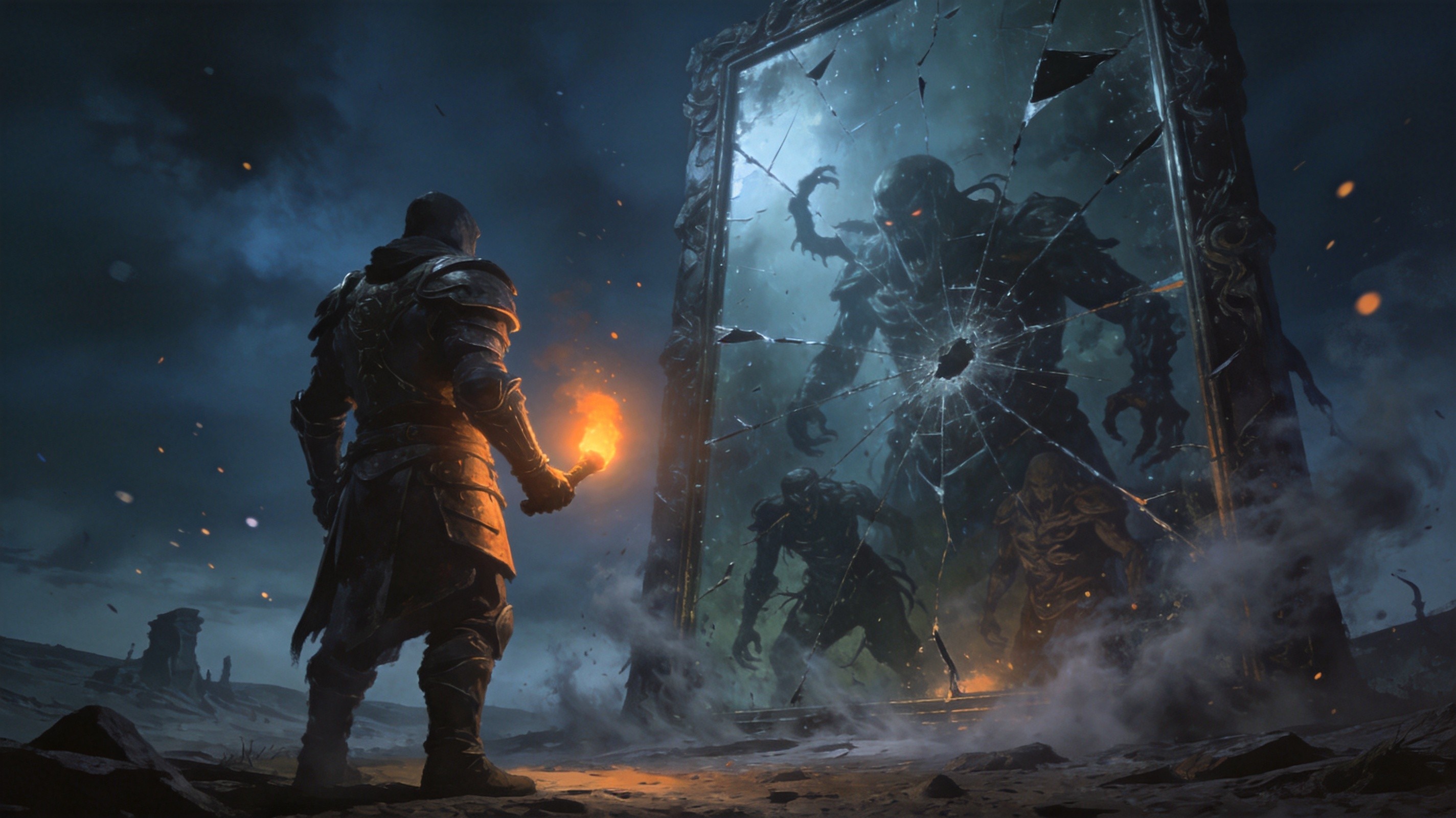 A lone exile stands before a shattered mirror in a desolate Wraeclast landscape. Grey mist creeps outward from the glass surface, which shows distorted, nightmarish reflections. Low-angle shot with dramatic chiaroscuro lighting — deep blues and sickly greys dominate, with a single warm torch light from the exile.