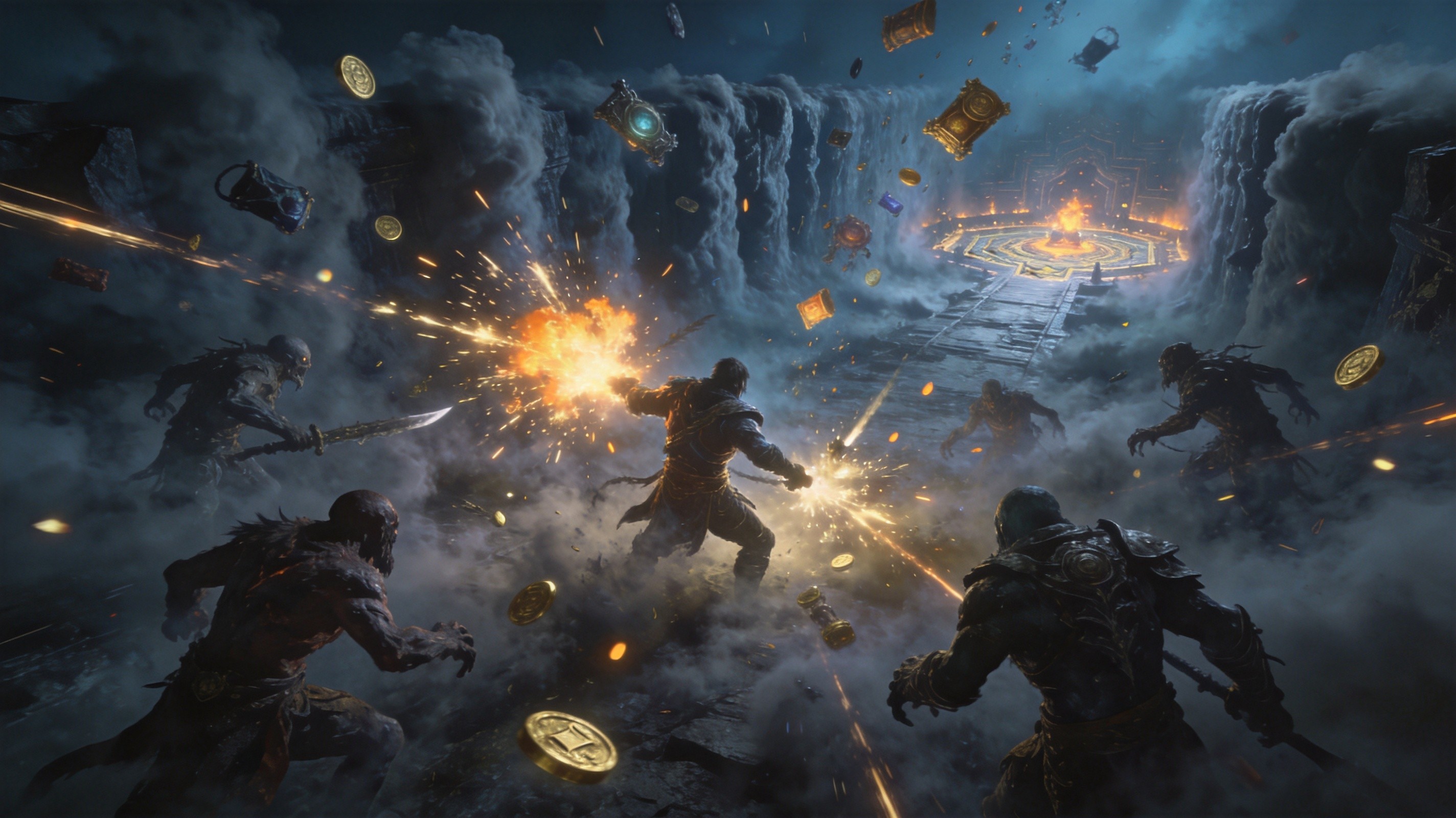 Endgame Delirium combat — dense fog obscures visibility as an exile fights through waves of distorted monsters. The boss silhouette looms above, half-phased into mist. Damage numbers and debuff icons float in the air. Muted greys and sickly greens with occasional bright skill effects punctuating the darkness.