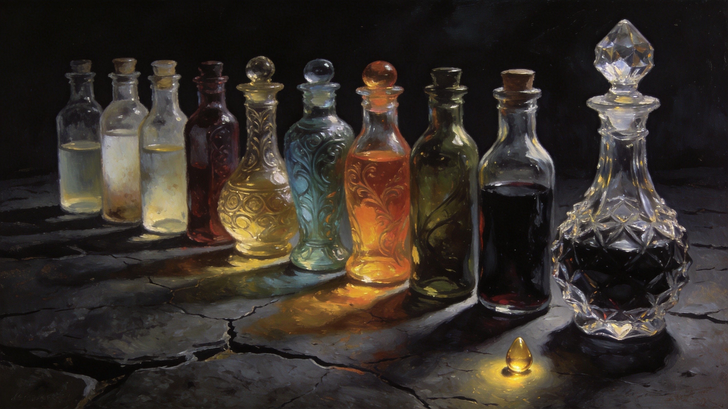 Ten glass vials of Liquid Emotions arranged in ascending order on a cracked dark stone surface. The leftmost vials are pale and murky; the rightmost contains deep inky black Concentrated Isolation. A single golden drop of Potent emotion glows beside the rarest vial. Dramatic side lighting, dark fantasy still life.