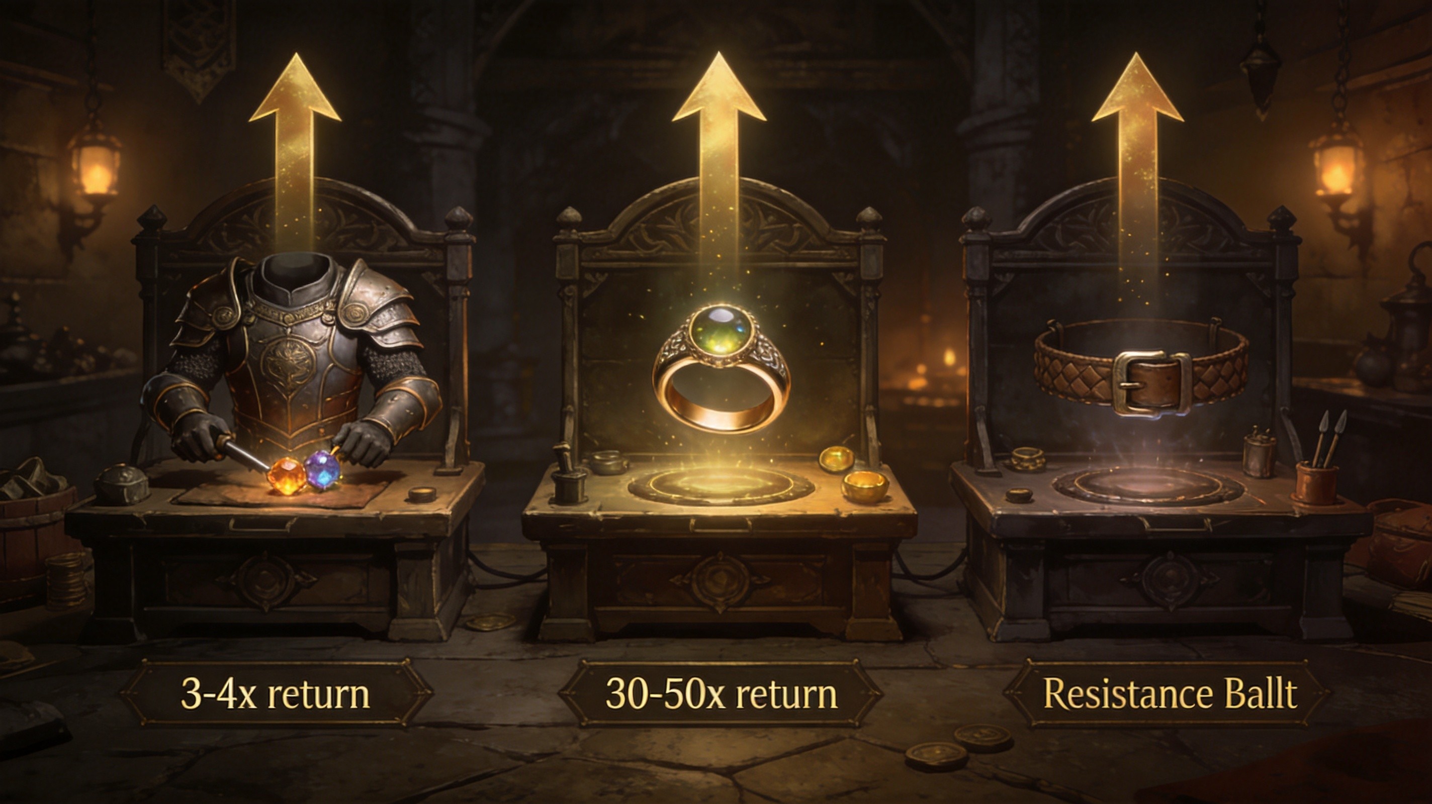Crafting flip strategies — visual breakdown of ES armor, ring, and resistance belt flipping methods