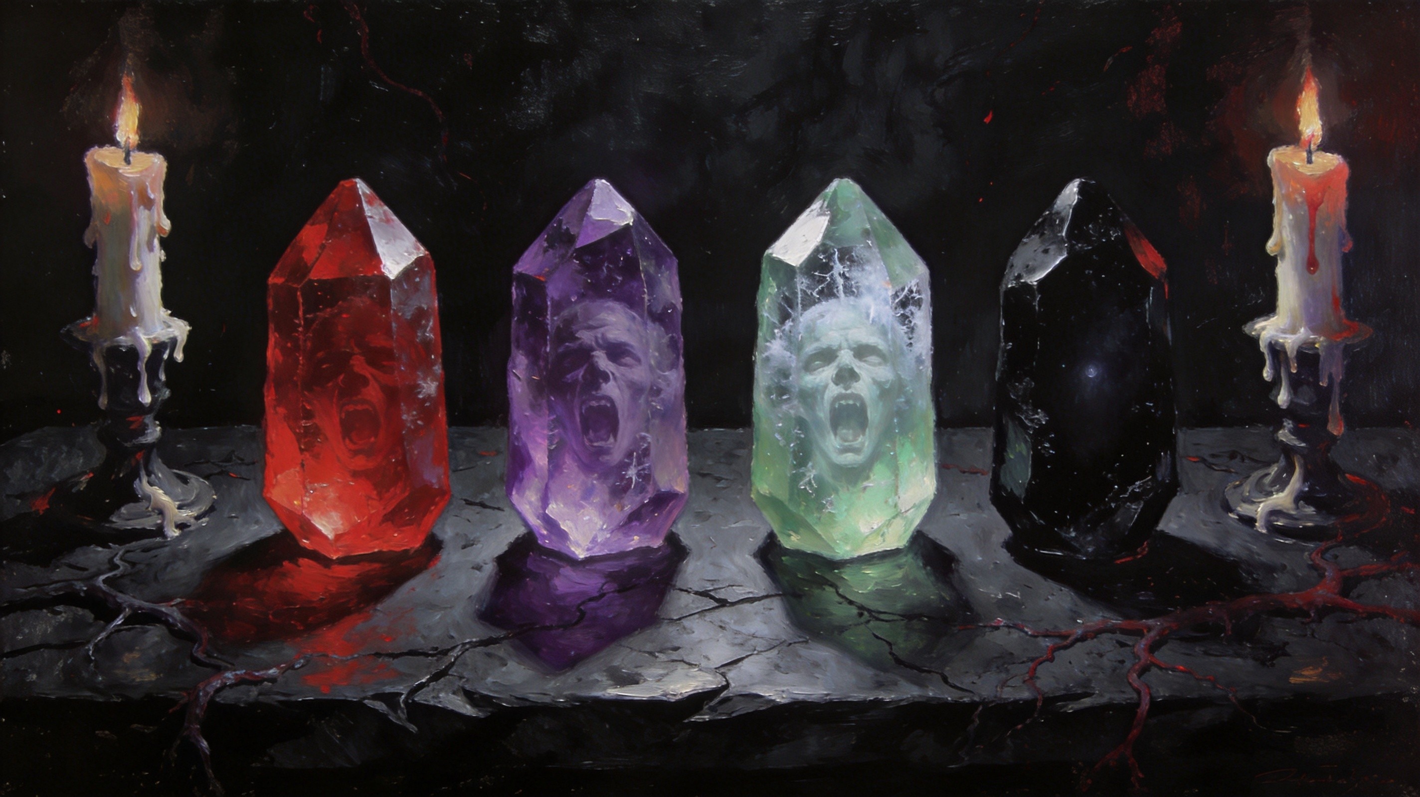Four ominous essence crystals on a black stone altar, one blood-red, one violet, one pale green, one void-black, faint screams frozen inside each crystal, ritual candlelight, dark fantasy still life