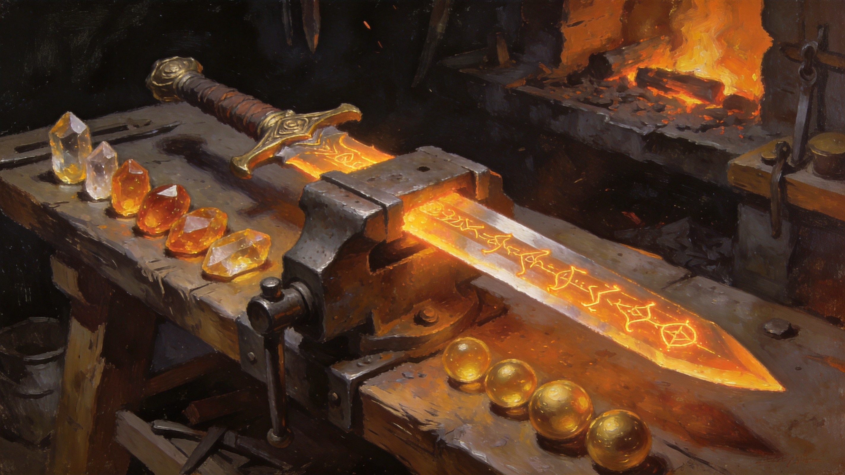 A Kalguuran crafting bench mid-workflow: a rare sword clamped in a vice, essence crystals, exalted orbs and a divine orb arranged in sequence, glowing runes along the blade, warm forge lighting, dark fantasy workshop