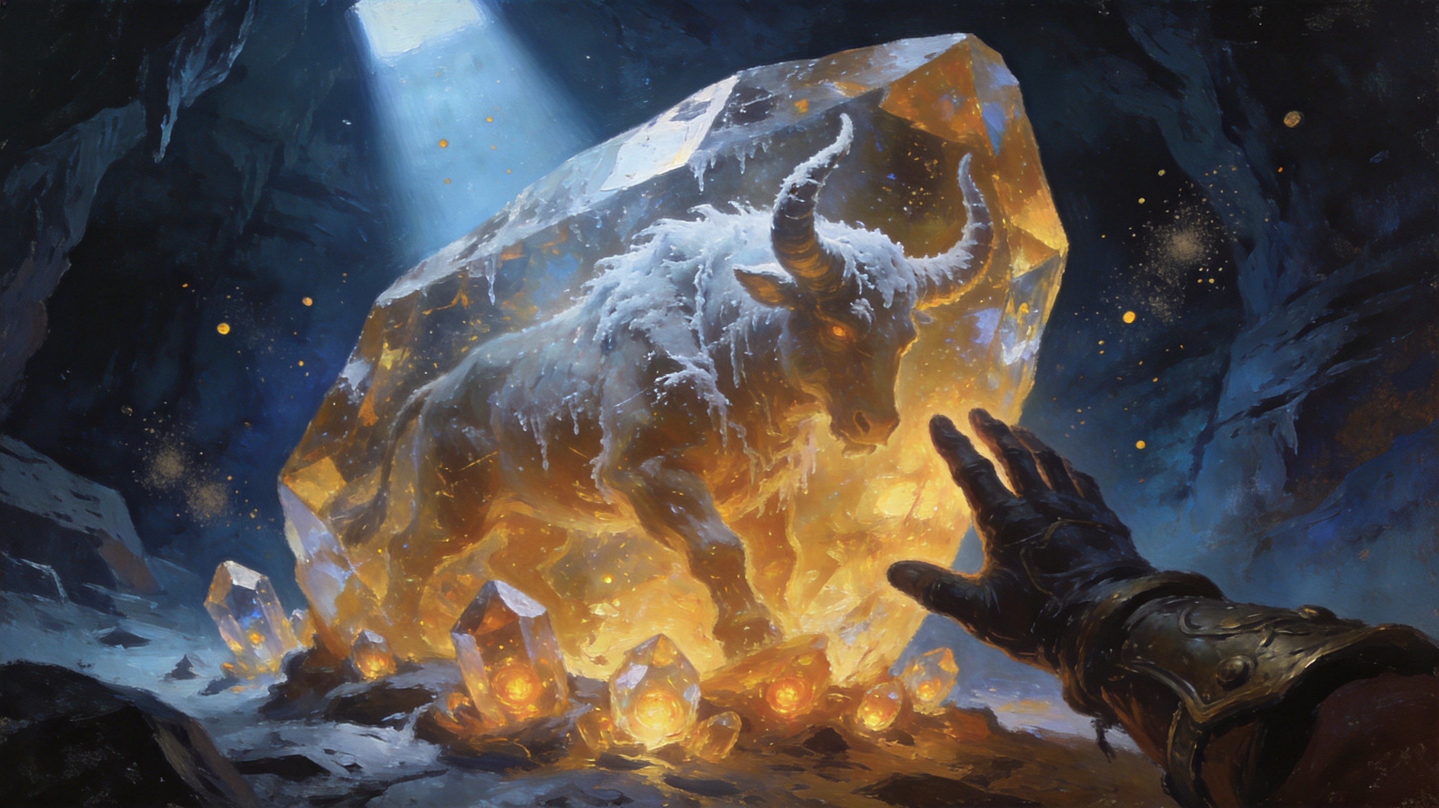 A massive crystalline monolith with a frozen beast trapped inside, glowing amber essence crystals growing from its base, an exile's hand reaching toward it, dark fantasy encounter scene