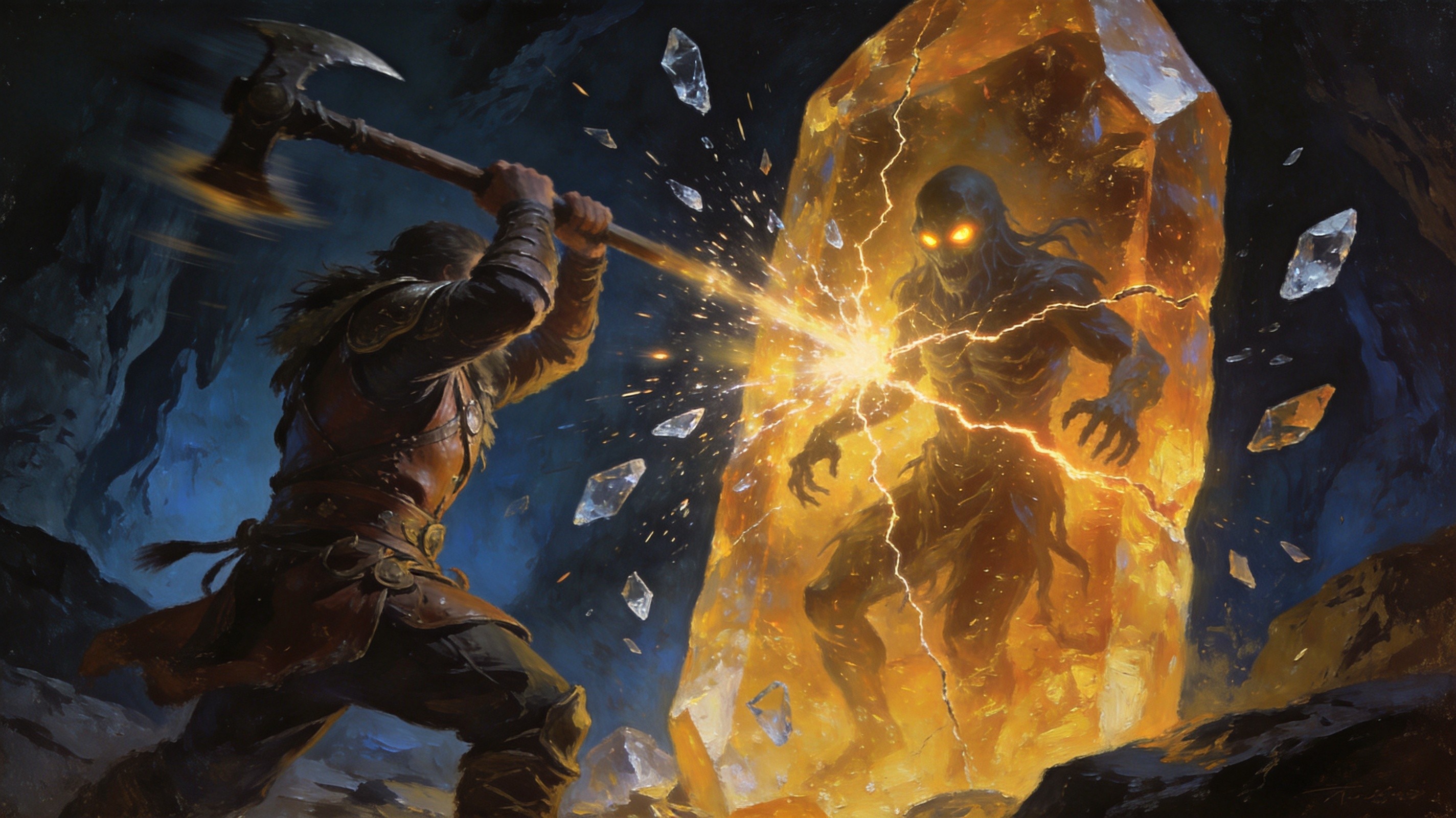 An exile striking a glowing crystal monolith for the third time as cracks spread across it, the imprisoned wraith inside beginning to move, shards of crystal suspended mid-air, dark cavern setting