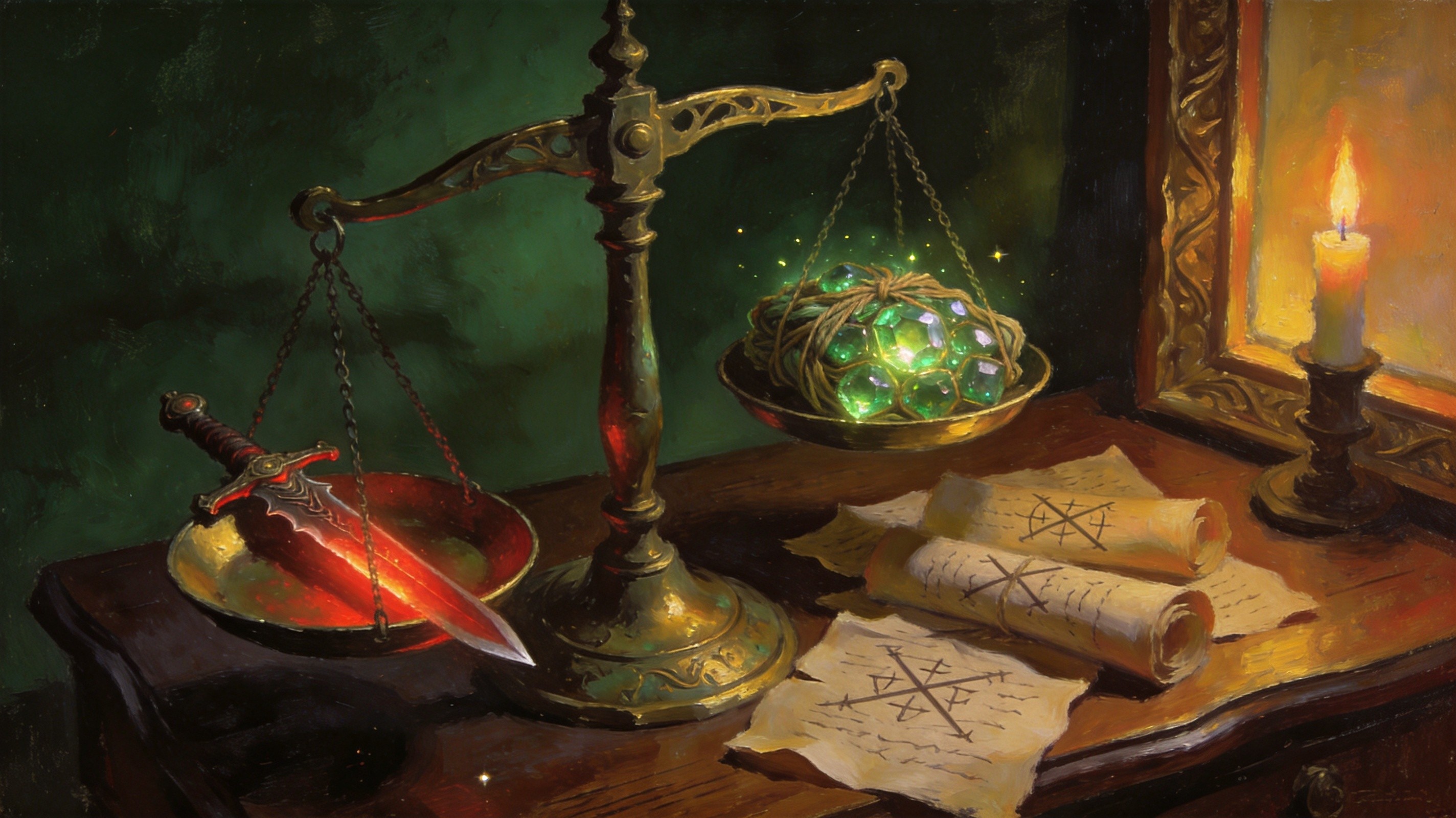 Ancient brass scales balancing a glowing red sword against a bundle of green skill gems, the gem side rising, scattered scrolls with crossed-out numbers on a dark oak desk, warm candlelight, dark fantasy still life