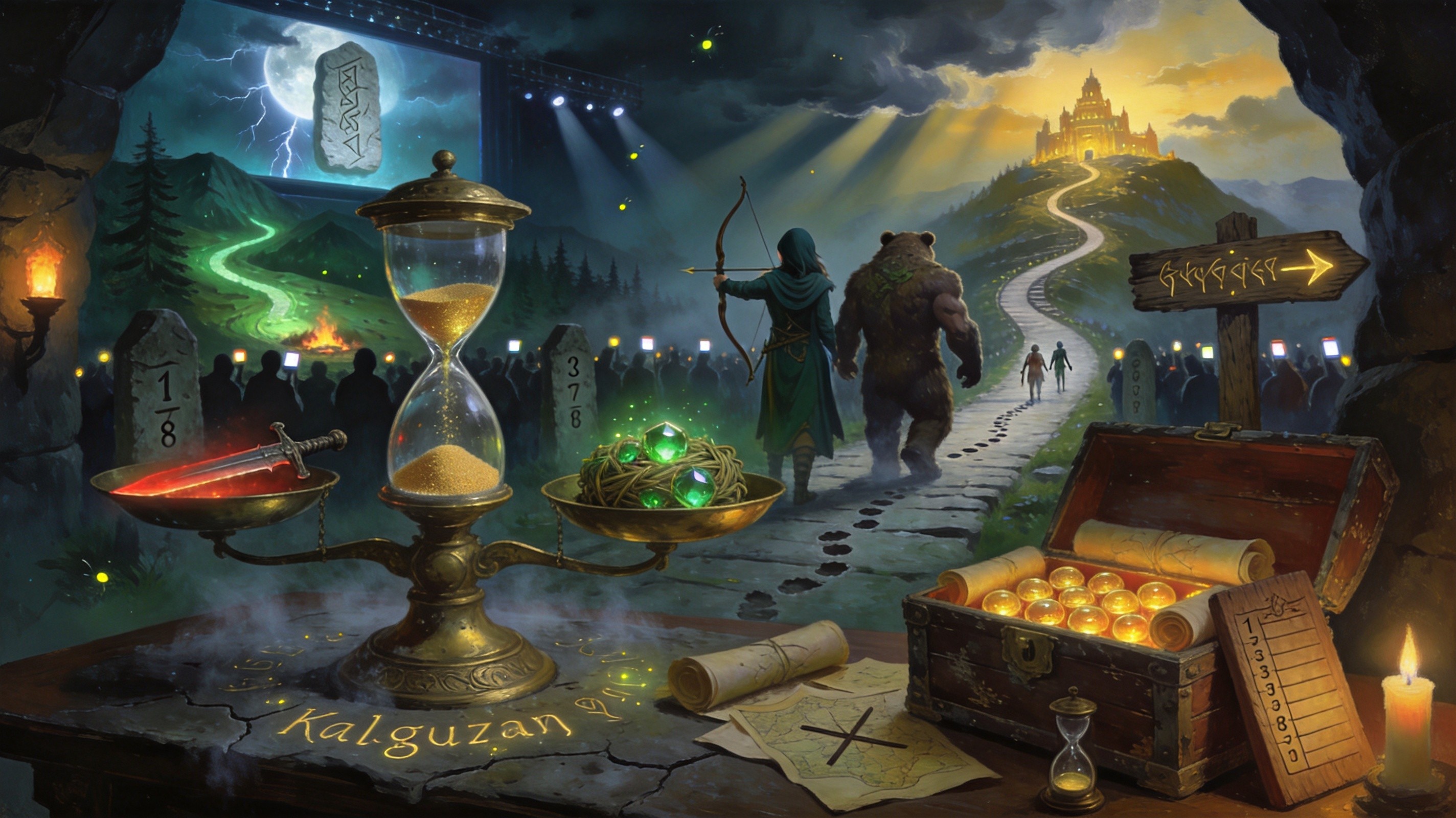A weathered hourglass standing on a Kalguuran stone table, golden sand almost run out, faint rune symbols glowing on the glass, dark fantasy still life with moody teal and gold lighting