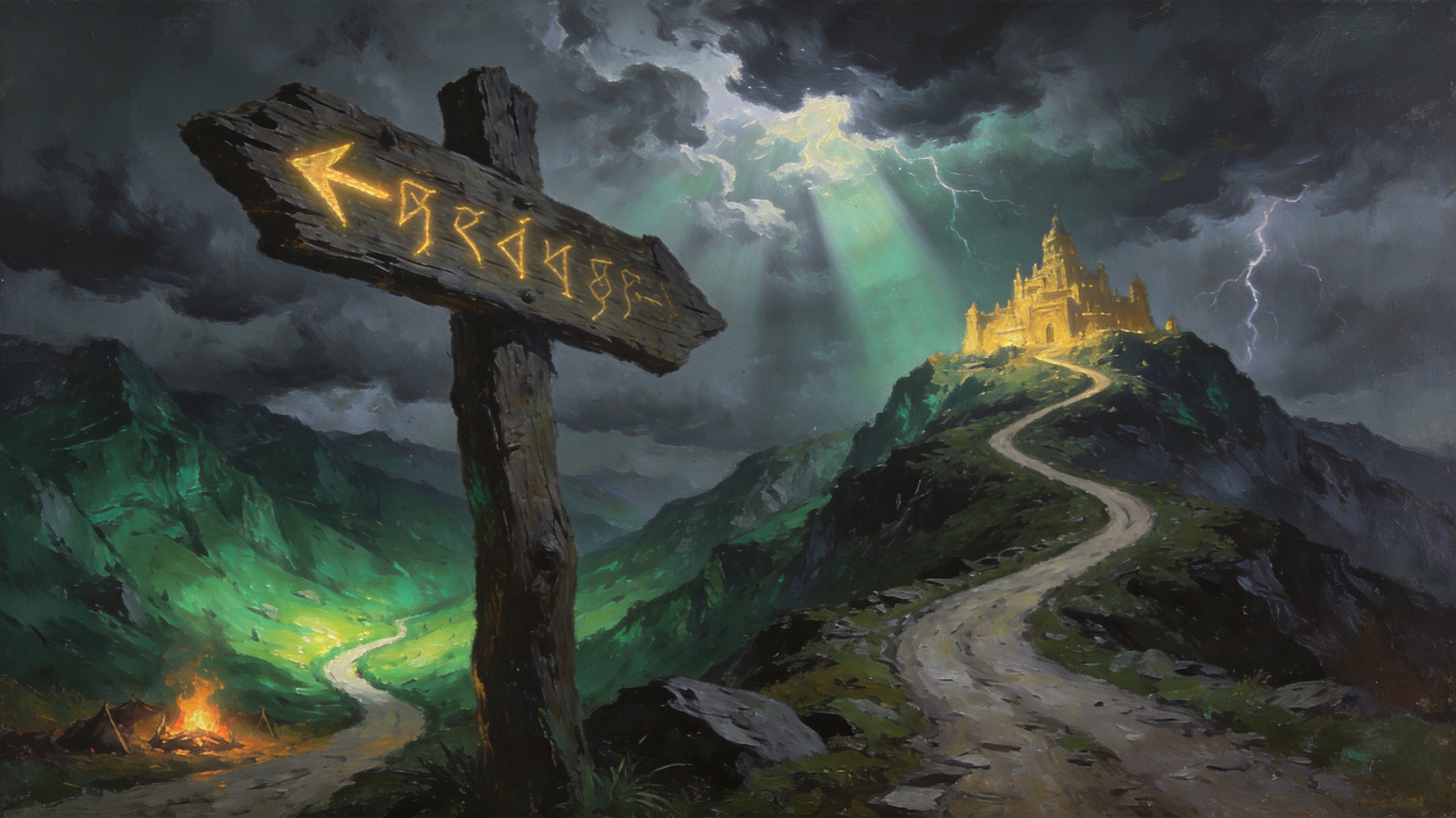 A forked mountain path under a stormy sky, one road leading to a glowing green valley and the other to a golden city, signpost carved with glowing runes, dark fantasy landscape painting