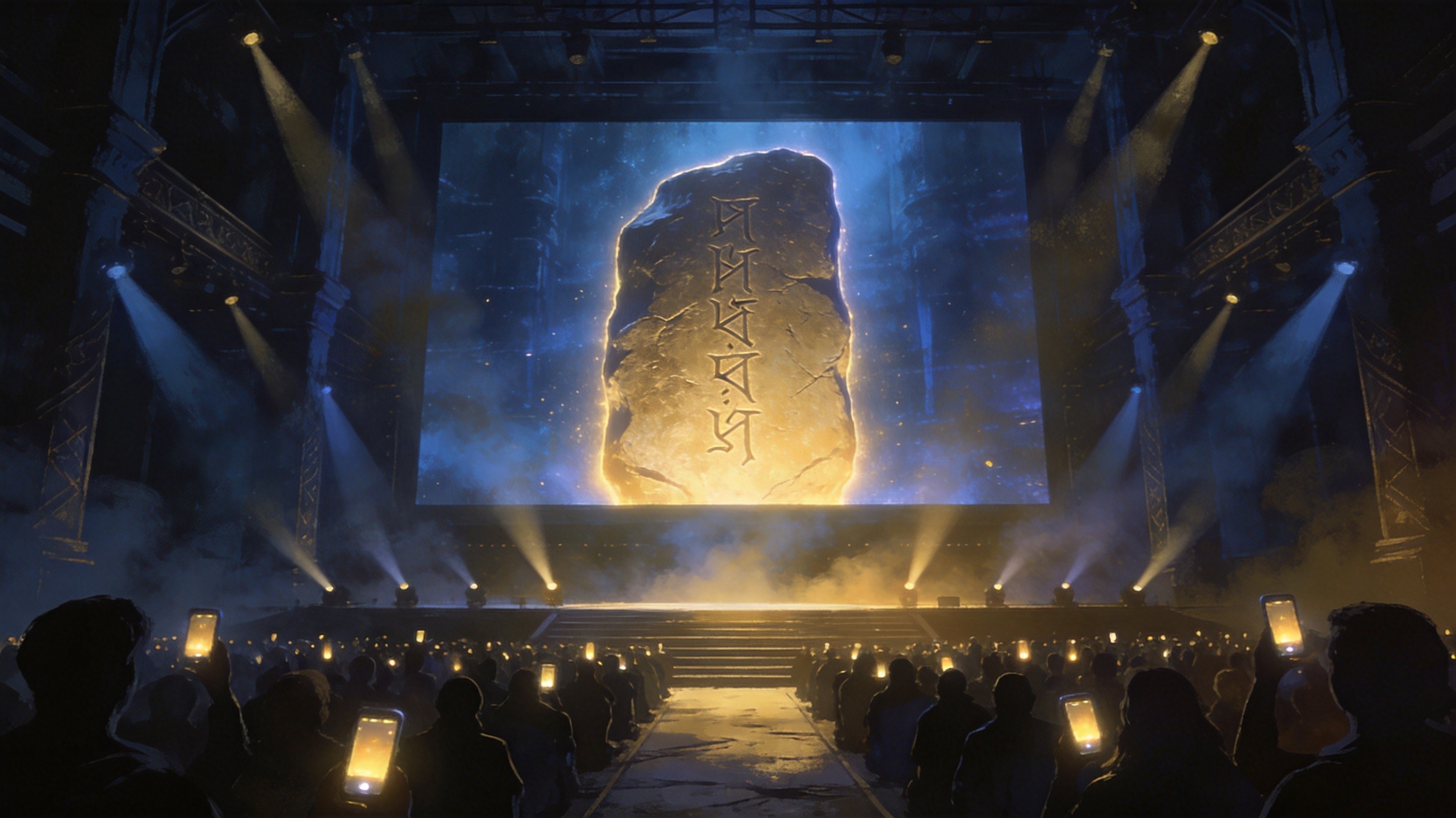A grand dark exhibition stage with a massive glowing screen showing a rune-carved stone tablet, silhouetted crowd holding up phones, dramatic spotlights cutting through haze, cinematic wide shot