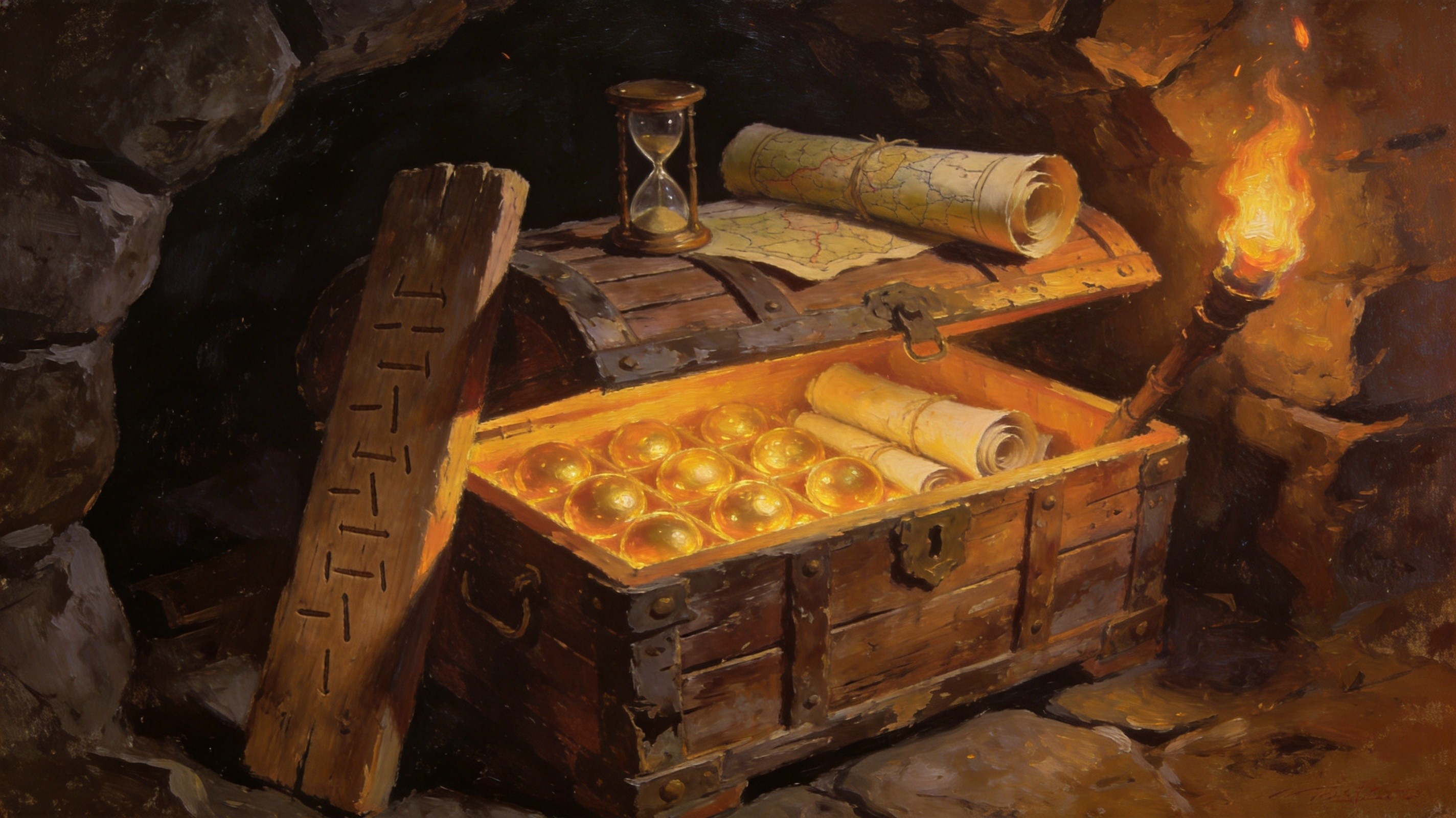An exile packing supplies at a war camp before dawn, maps, scrolls and glowing currency orbs laid out on a wooden table, a swirling portal glowing in the background, dark fantasy preparation scene