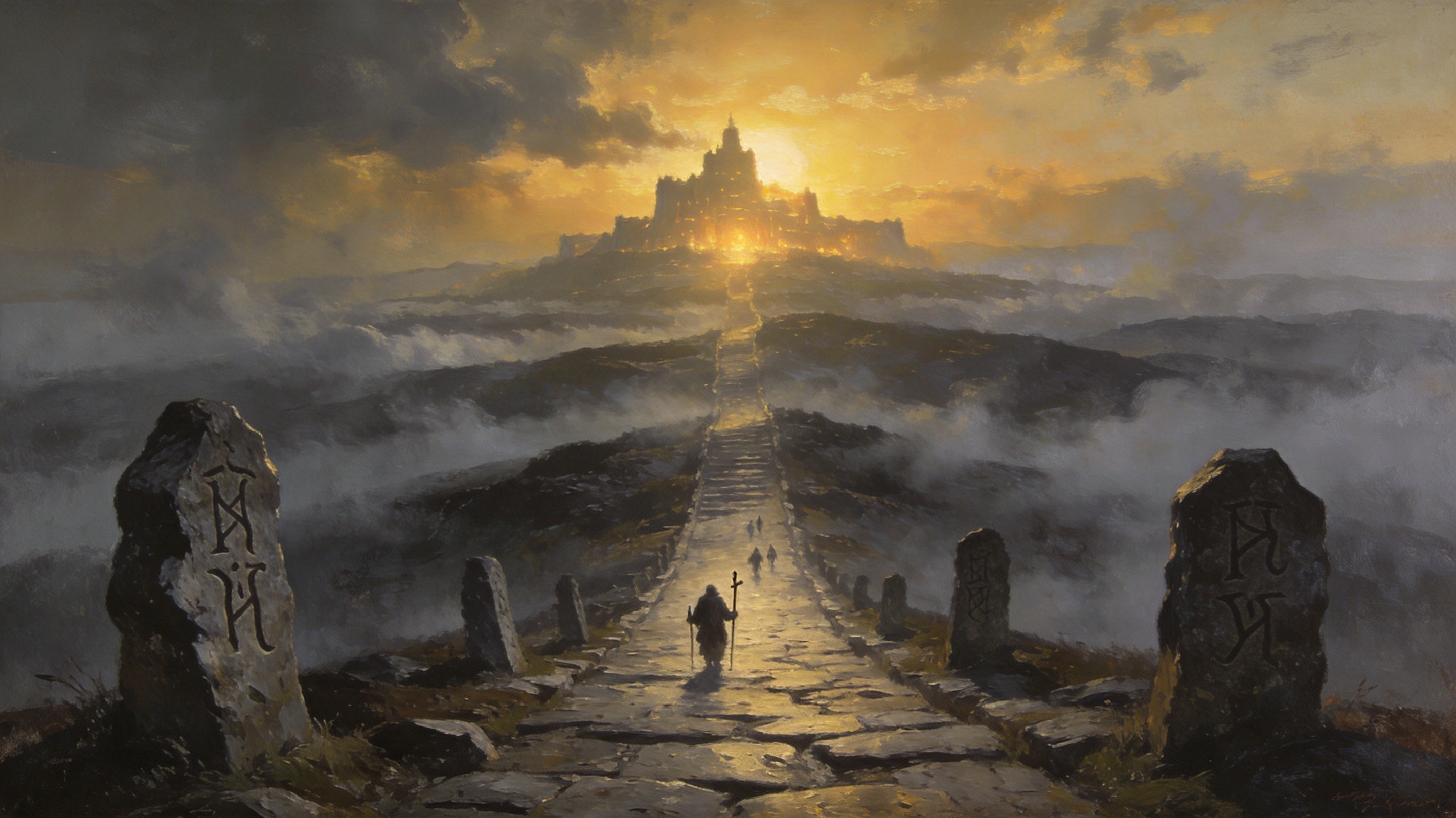 A long stone road ascending through mist toward a distant glowing citadel, milestone markers carved with rune numbers along the path, pilgrims walking, epic dark fantasy vista at dawn
