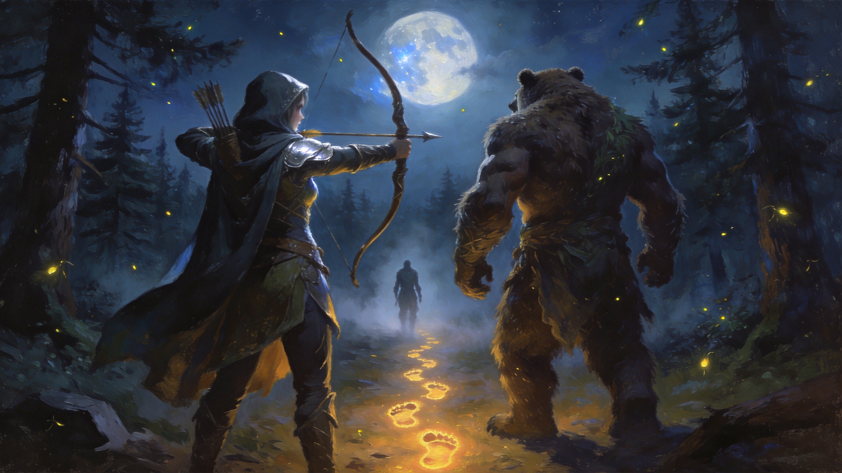 A ranger drawing a glowing bow and a druid half-shifted into a bear standing back to back at a forest crossroads, two diverging paths lit by teal and amber light, dark fantasy character art