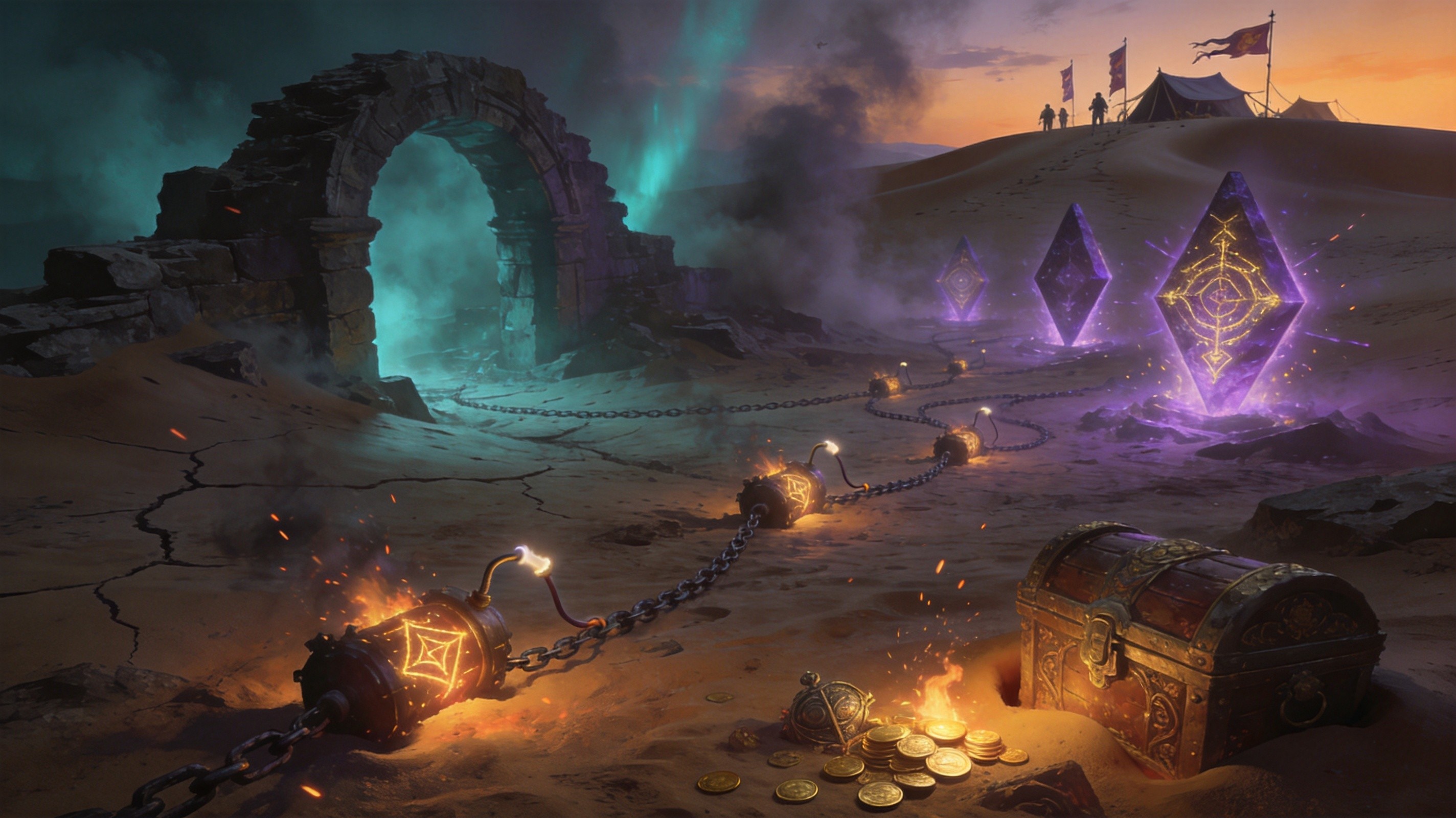 A chain of glowing runic explosives winding through buried Kalguuran ruins at dusk, diamond-shaped remnant markers pulsing with purple and gold energy, dark fantasy desert excavation, dramatic teal and amber lighting