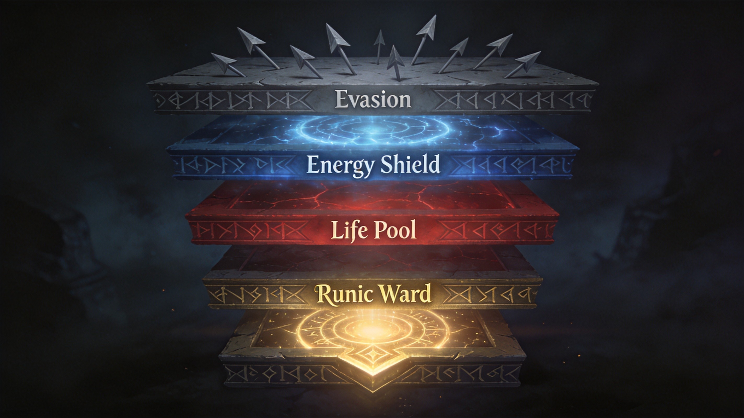 Defensive layer stack order showing where Runic Ward activates