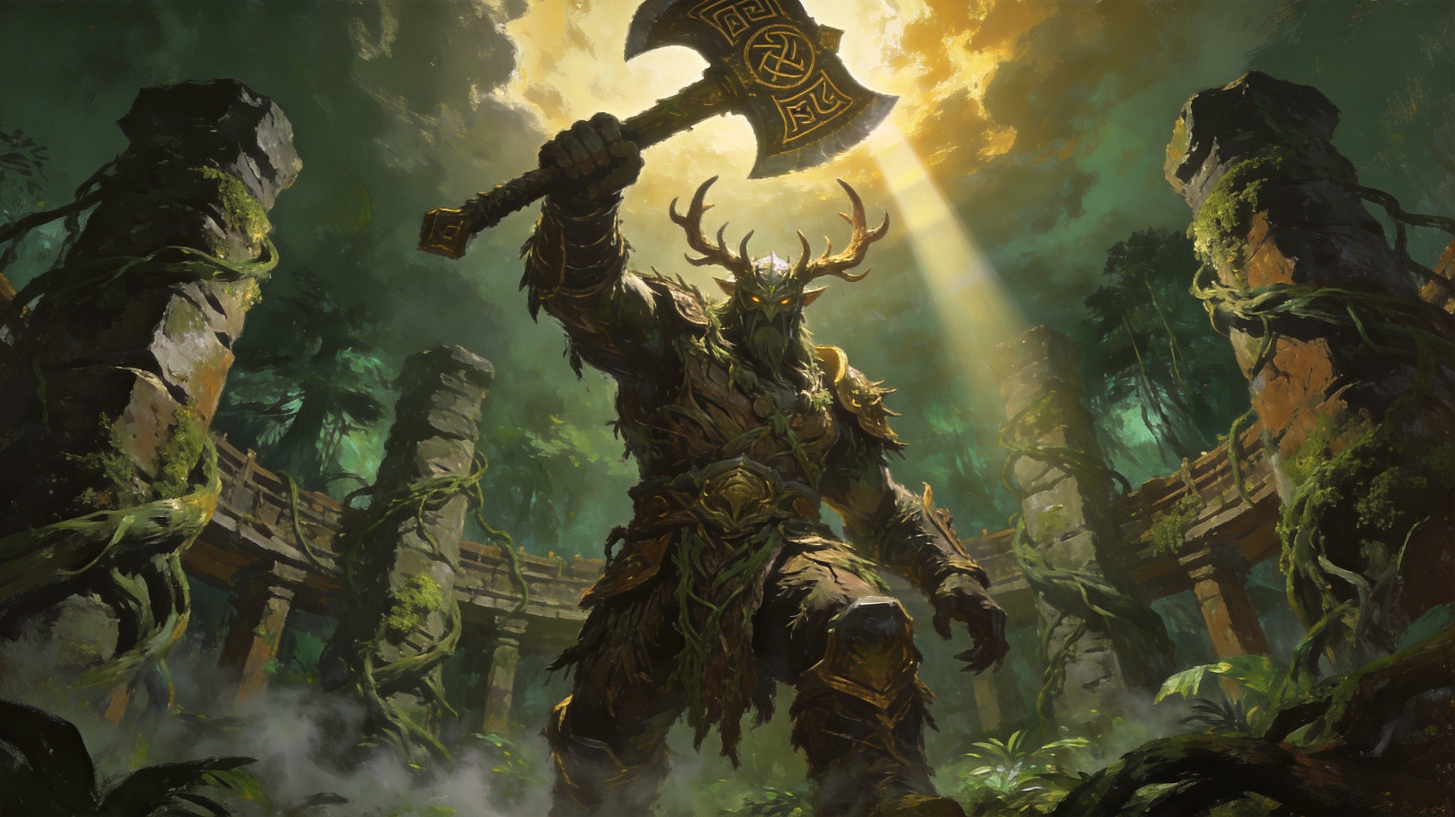 A hulking druid seer with bark-covered armor raising a massive axe in a sprawling jungle ruin, a glowing sky beam gathering above him, vines strangling ancient stone pillars, dark fantasy boss arena