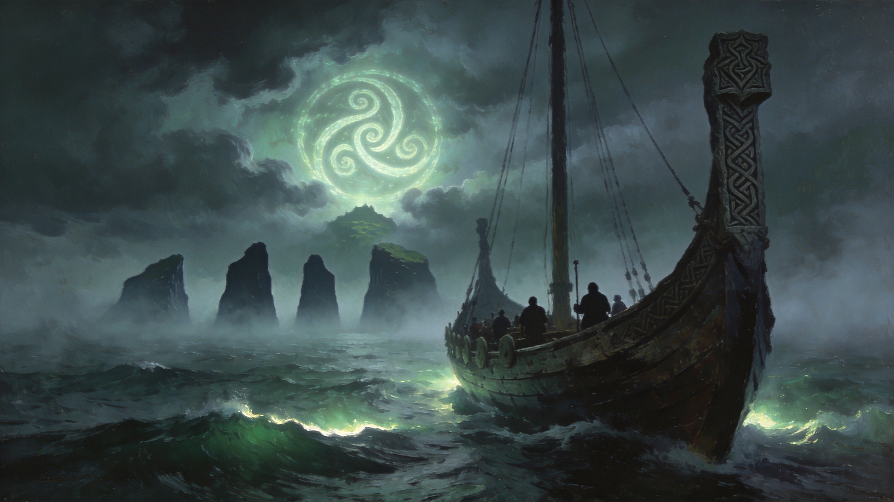 A weathered Kalguuran longship sailing through fog toward four distant island silhouettes under a storm-grey sky, a massive glowing triskelion symbol faintly visible in the clouds, dark fantasy maritime painting