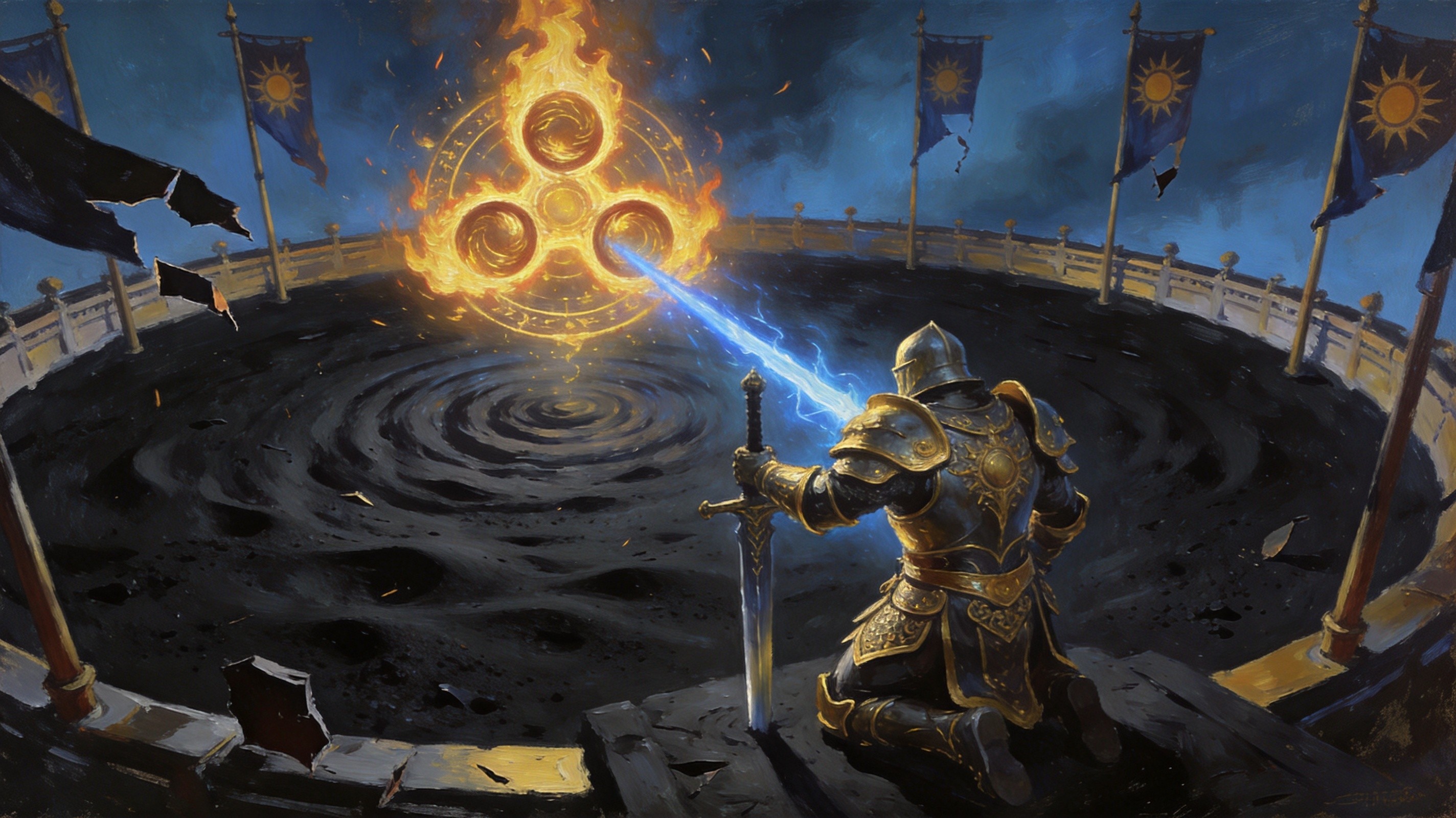 An armored sun-knight kneeling before a rotating three-spiraled flame artifact in a black-sand arena, cold blue sword energy clashing against golden firelight, dramatic low-angle dark fantasy boss scene