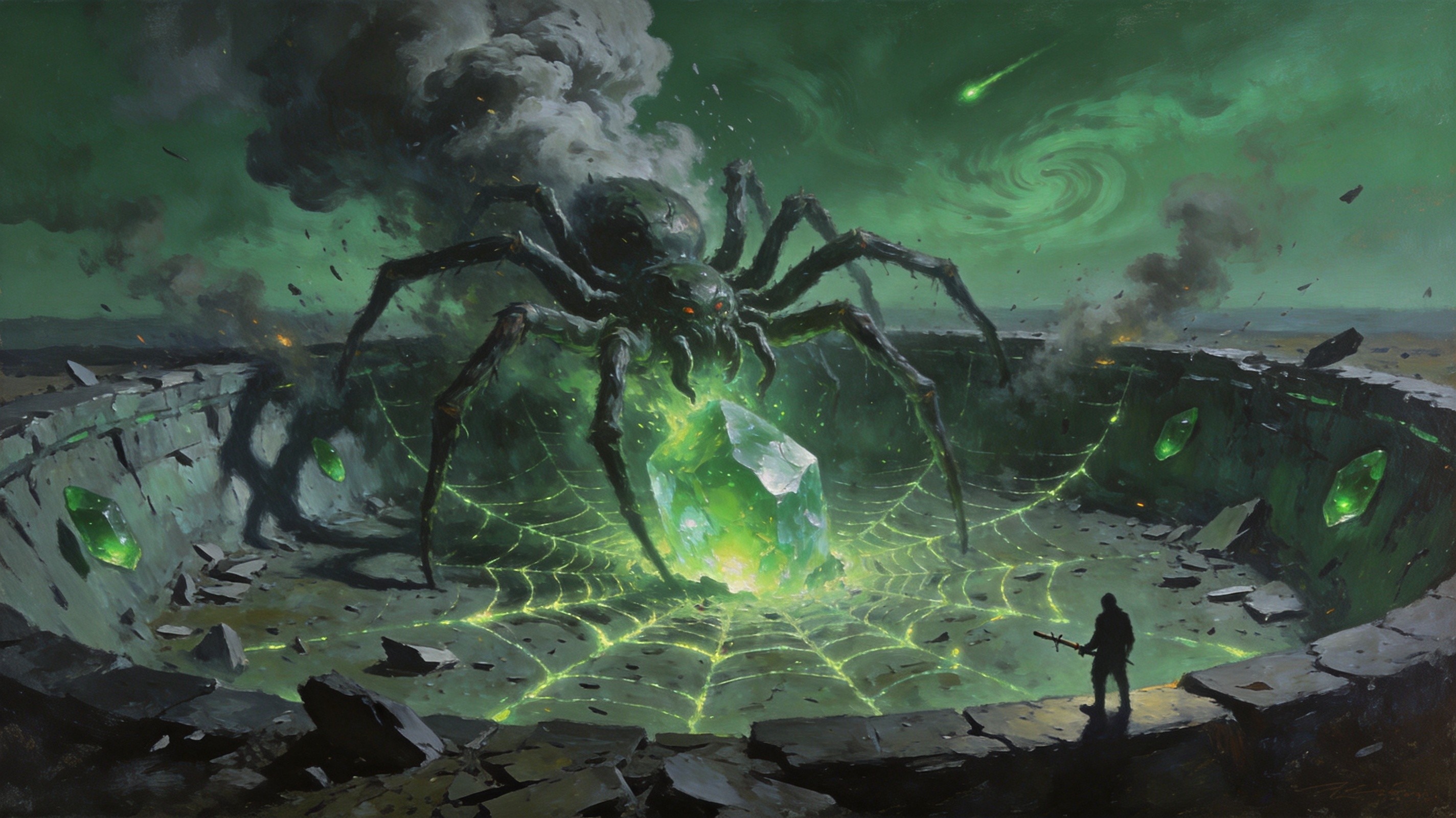 A colossal spider-like aberration erupting from a glowing green verisium crater, web patterns glowing across the ground, a tiny exile silhouetted at the arena's edge, apocalyptic green sky, dark fantasy boss illustration