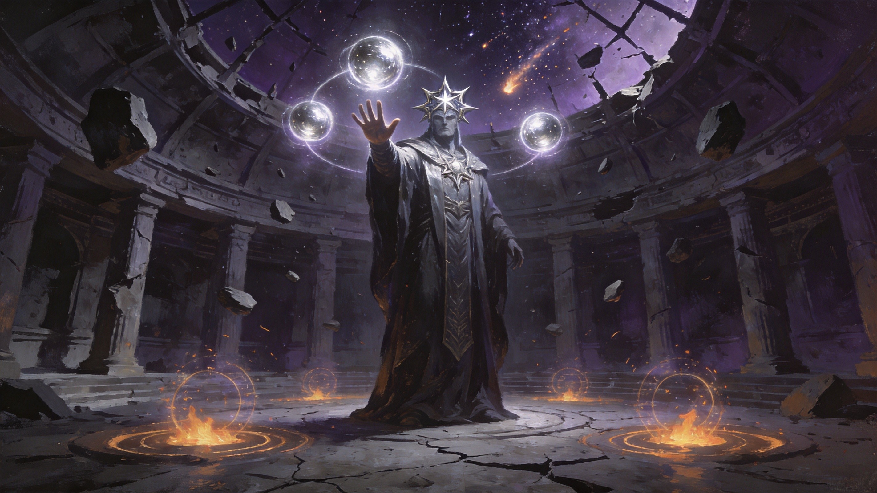 A towering robed Kalguuran entity channeling four glowing silver orbs in a ruined star-temple, arcane circles burning on the floor, a meteor shower visible through the collapsed ceiling, dark fantasy boss arena