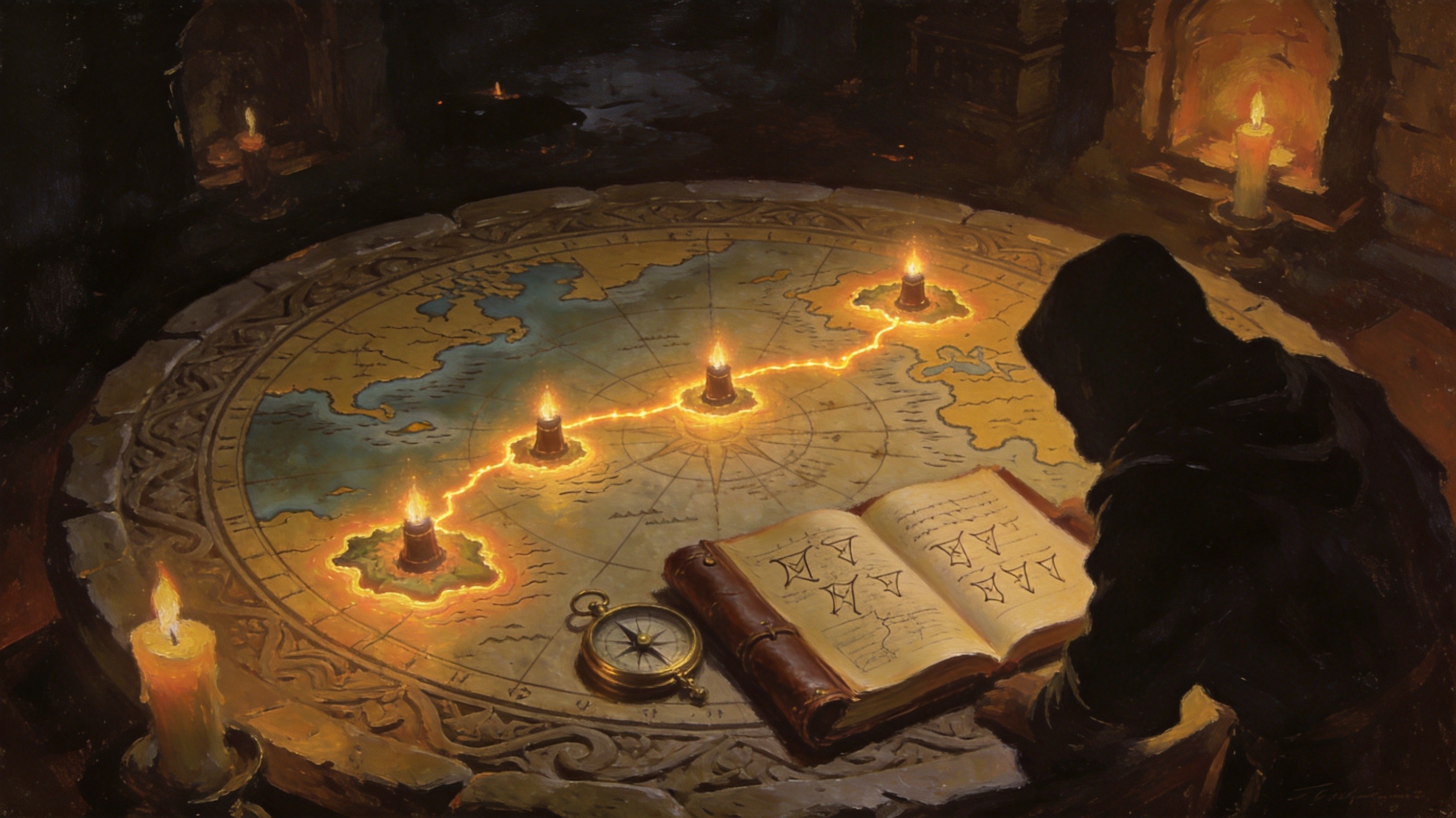 An ancient stone atlas table with a glowing ocean map, four island markers lighting up in sequence, an open logbook with rune-stamped pages beside it, candlelit cartographer's chamber, dark fantasy illustration