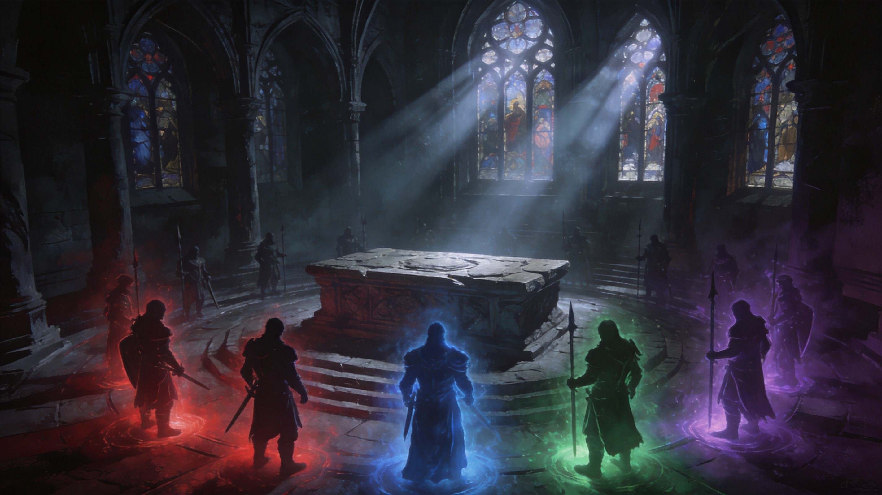 Ancient stone altar surrounded by ethereal spirit wisps in a dark forest clearing