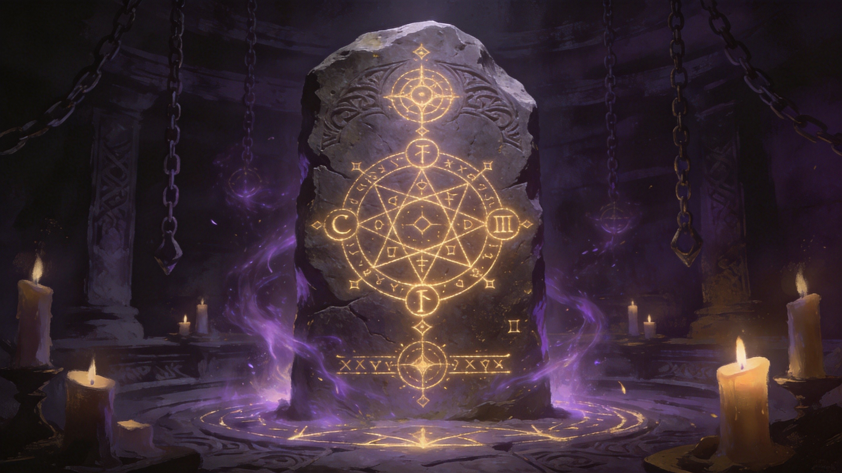A crumbling stone temple entrance glowing with arcane rune light amid swirling mist