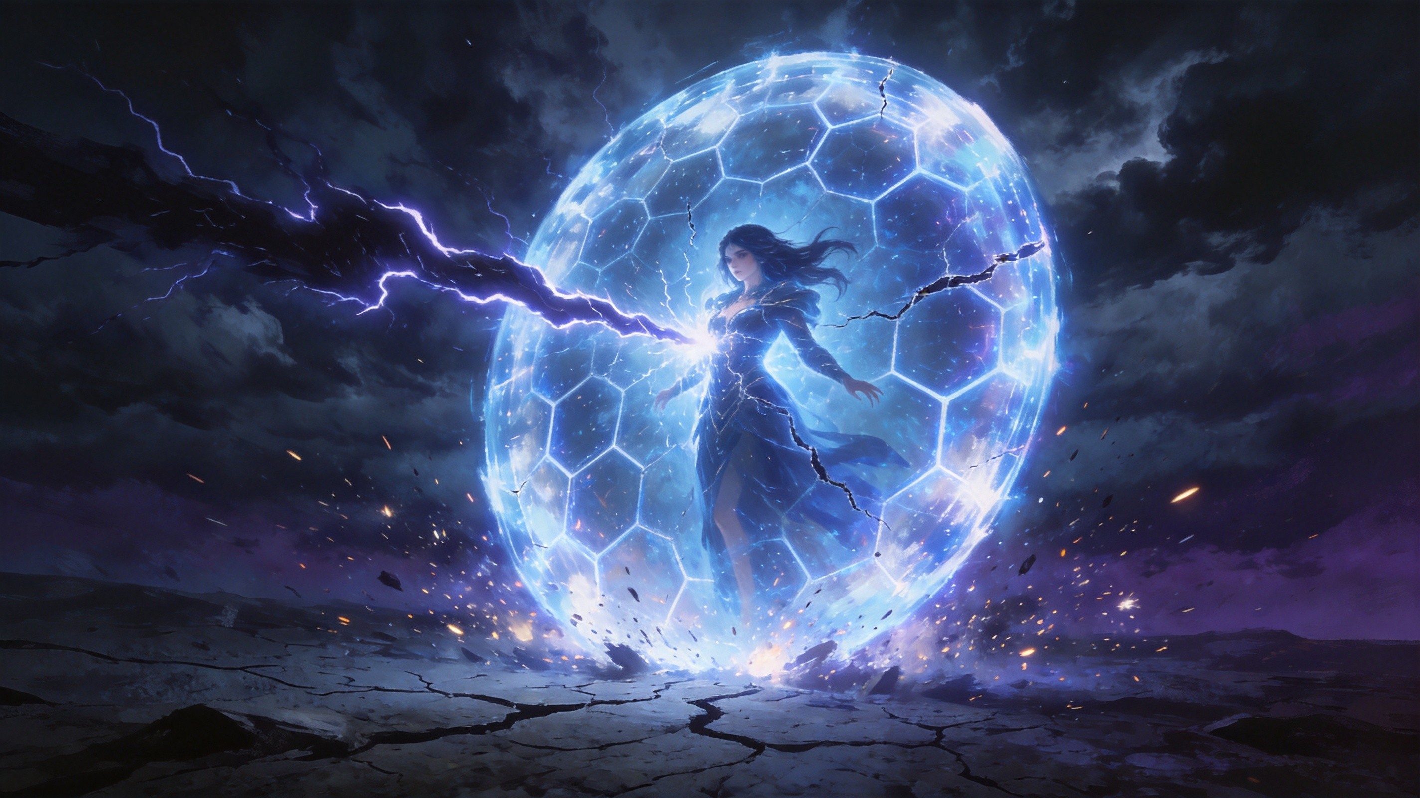 A hooded figure kneeling before an ancient runestone, spectral blue energy spiraling upward from cracked earth to form a shimmering protective barrier