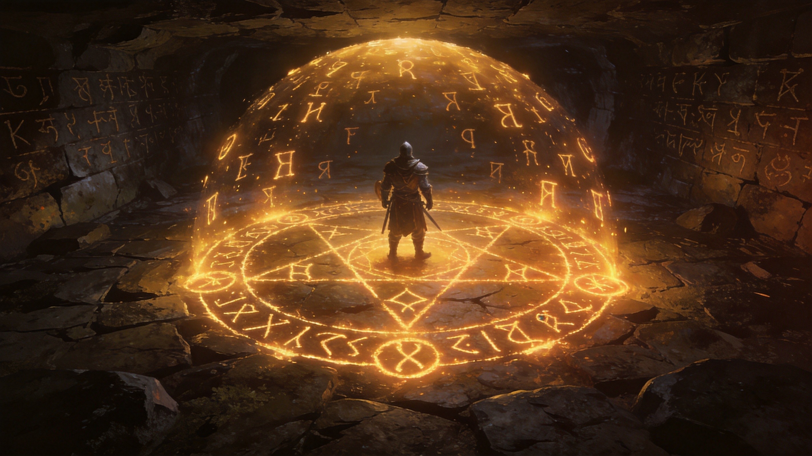 A war-torn battlefield at dusk, three silhouetted warriors standing in formation — one cloaked in shadow, one sheathed in iron, one wreathed in ethereal flame