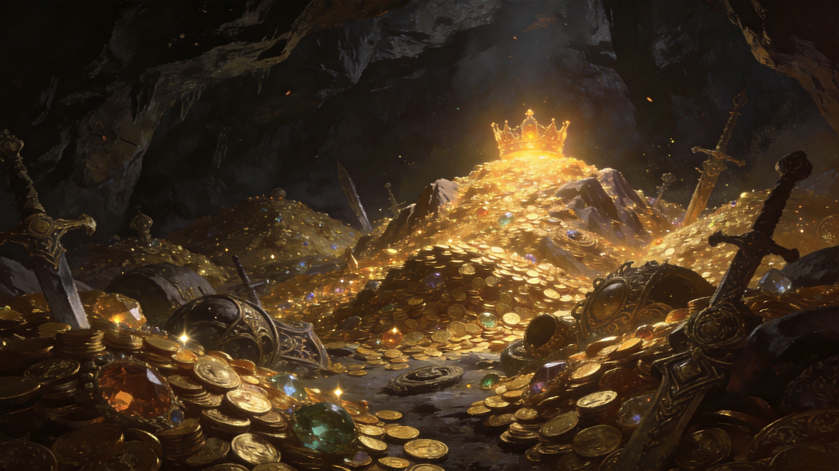 Dark fantasy treasure hoard with golden coins and ancient artifacts