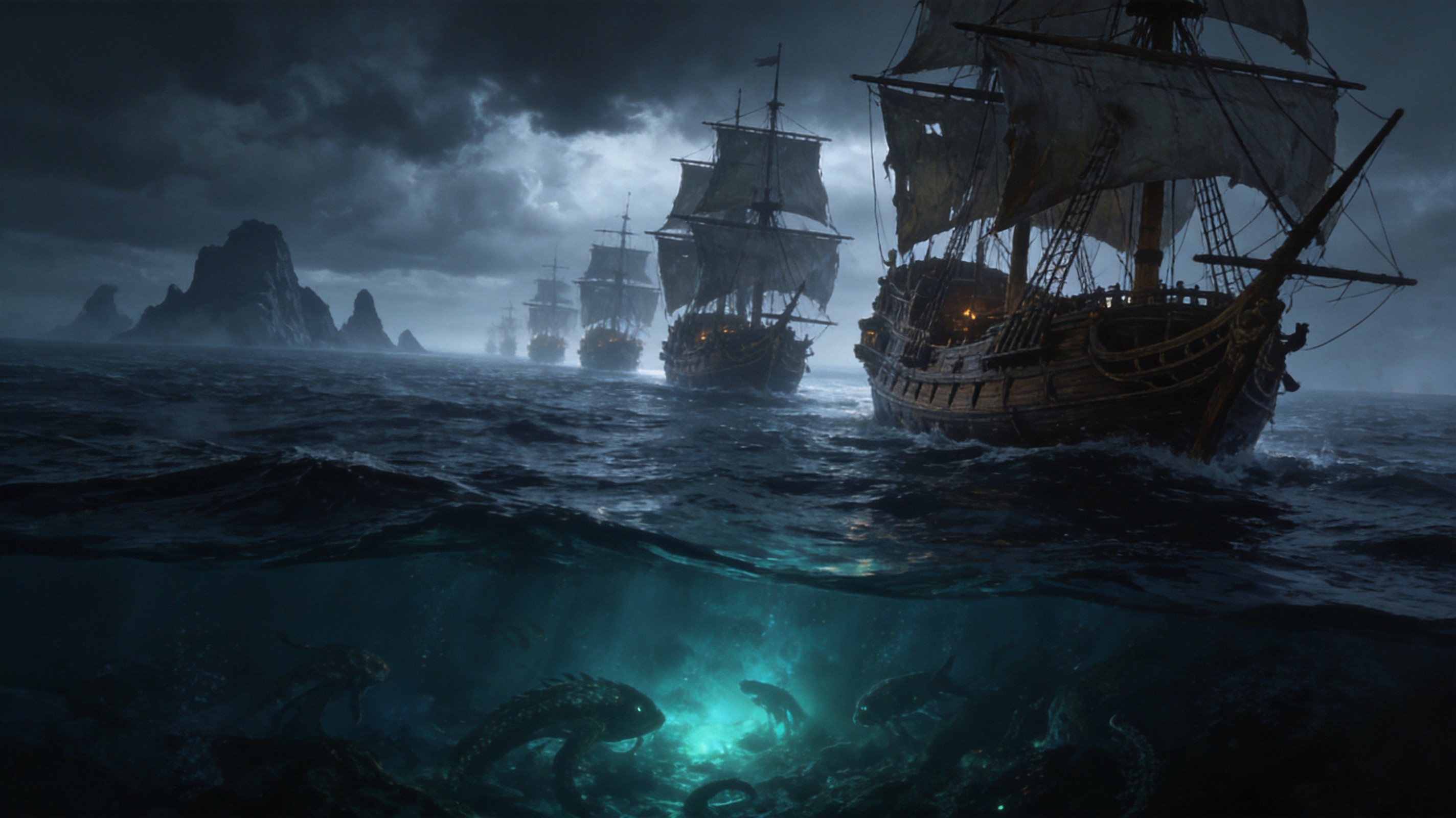 Expedition fleet sailing across a dark procedural ocean with ancient islands