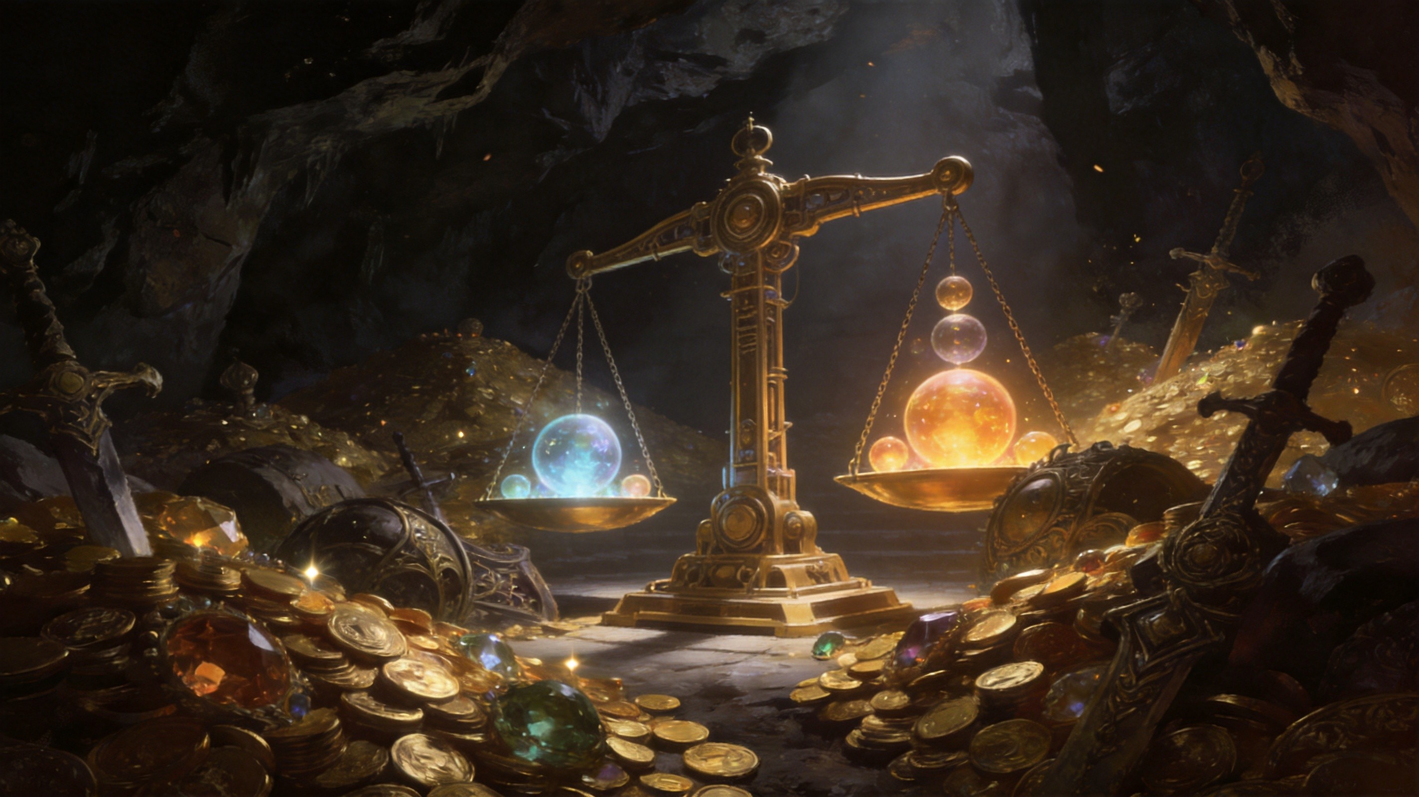 Ancient golden scales weighing glowing currency orbs in a dark vault