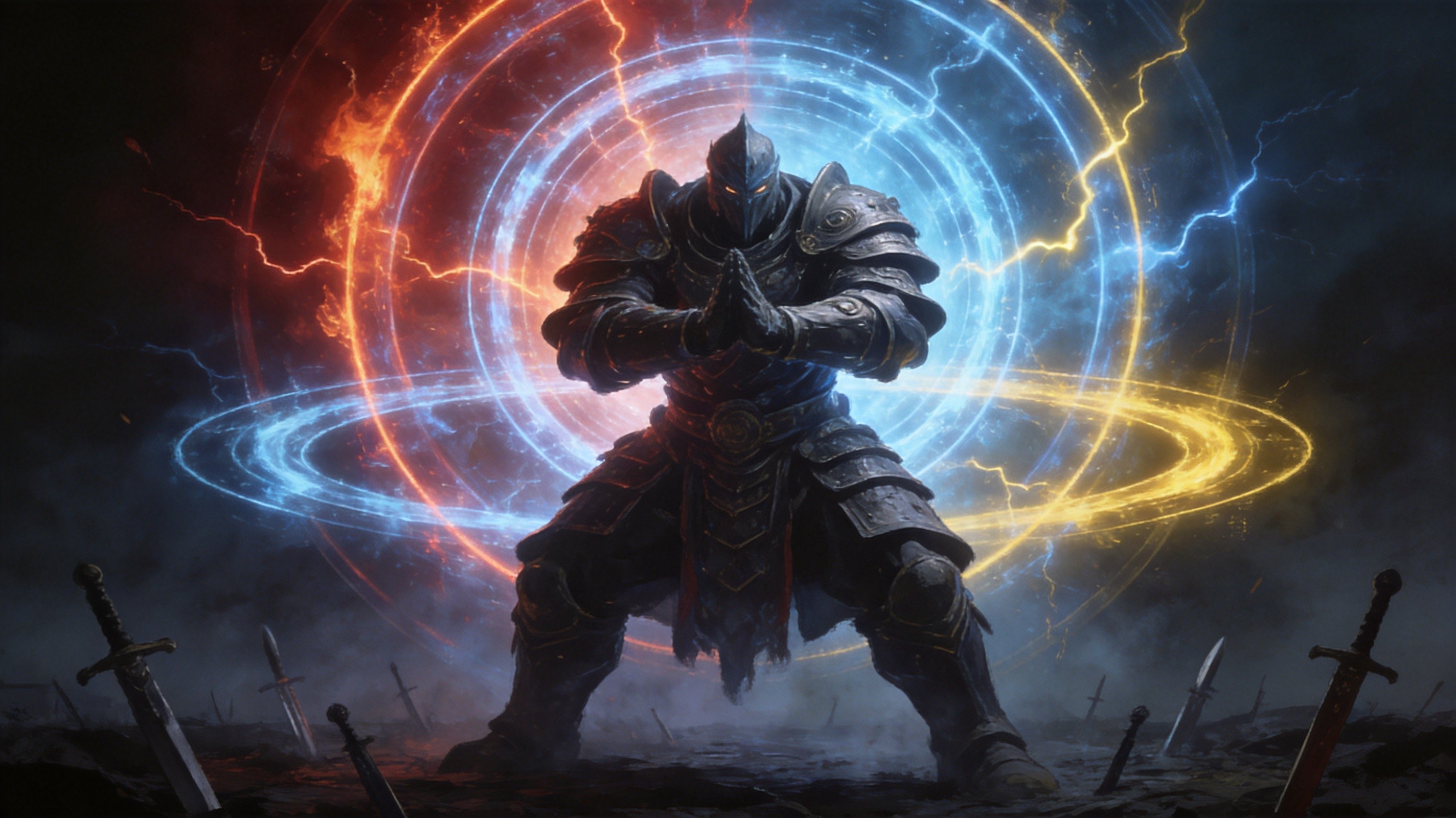 Master craftsman's workshop with enchanted armor pieces on display