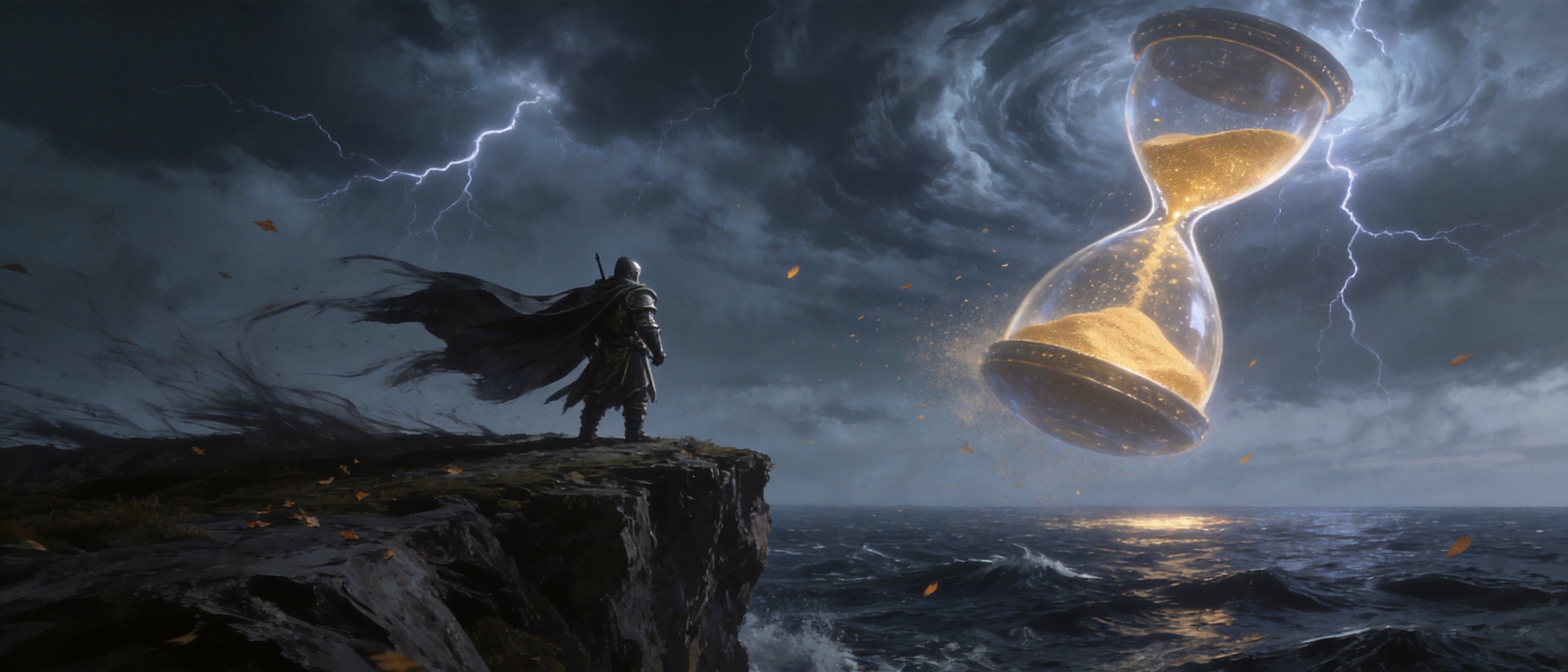 Dark fantasy island chain with ancient ruins and stormy seas