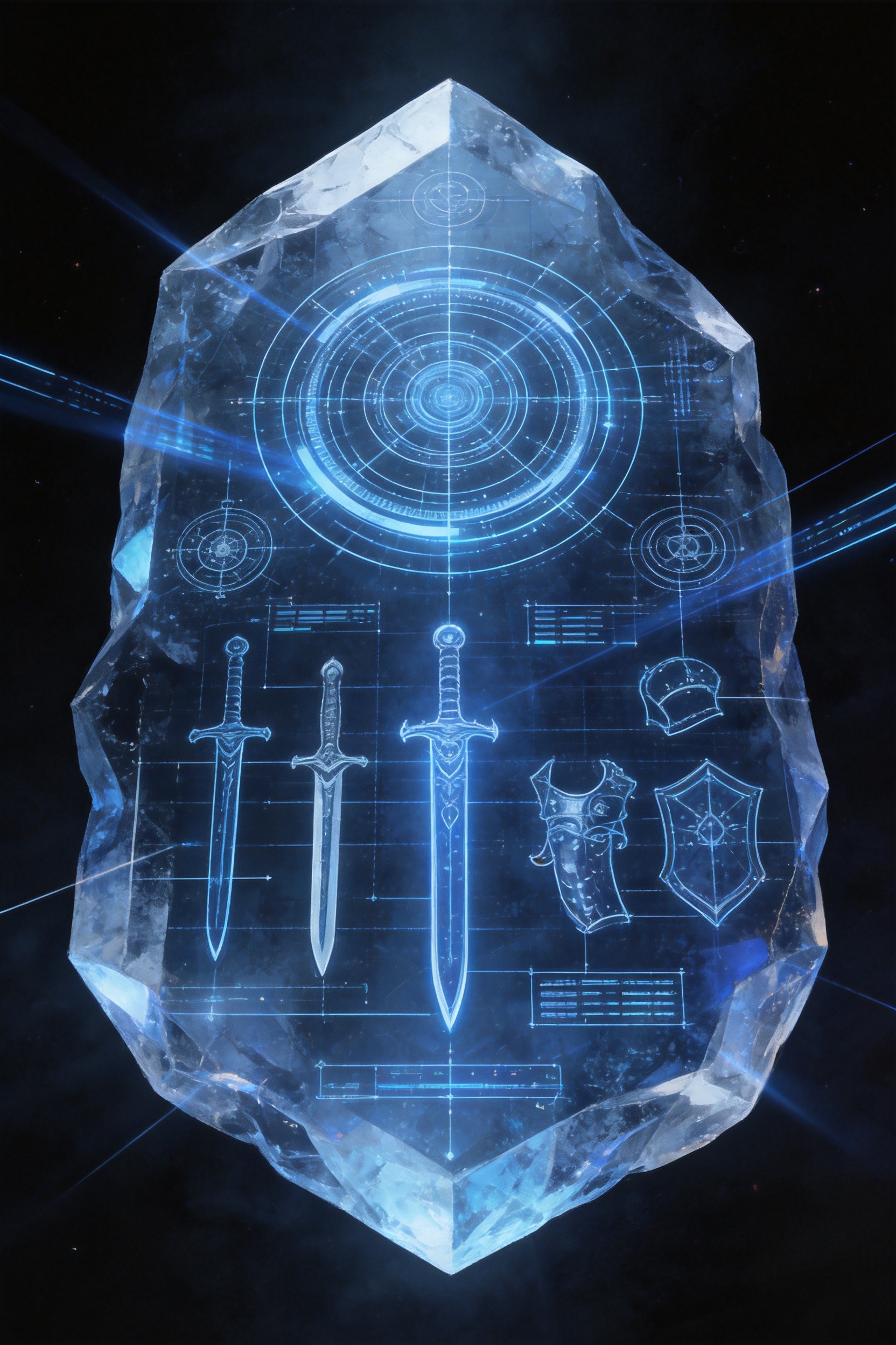 Mysterious ancient forge with glowing weapons emerging from shadow