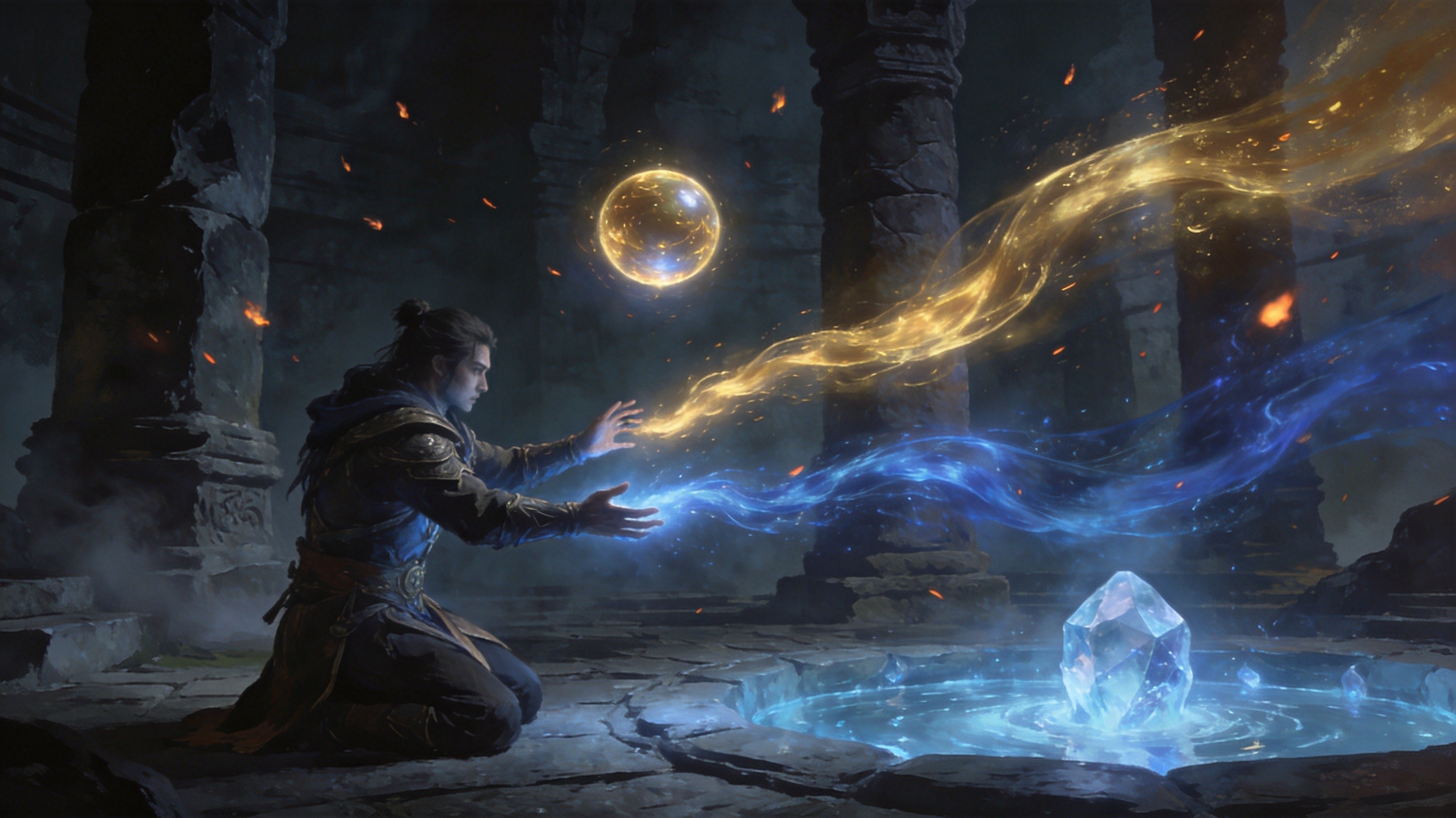 A dark altar surrounded by twin orbs of radiant energy, one glowing amber and the other shimmering pale blue, set within a gothic stone chamber