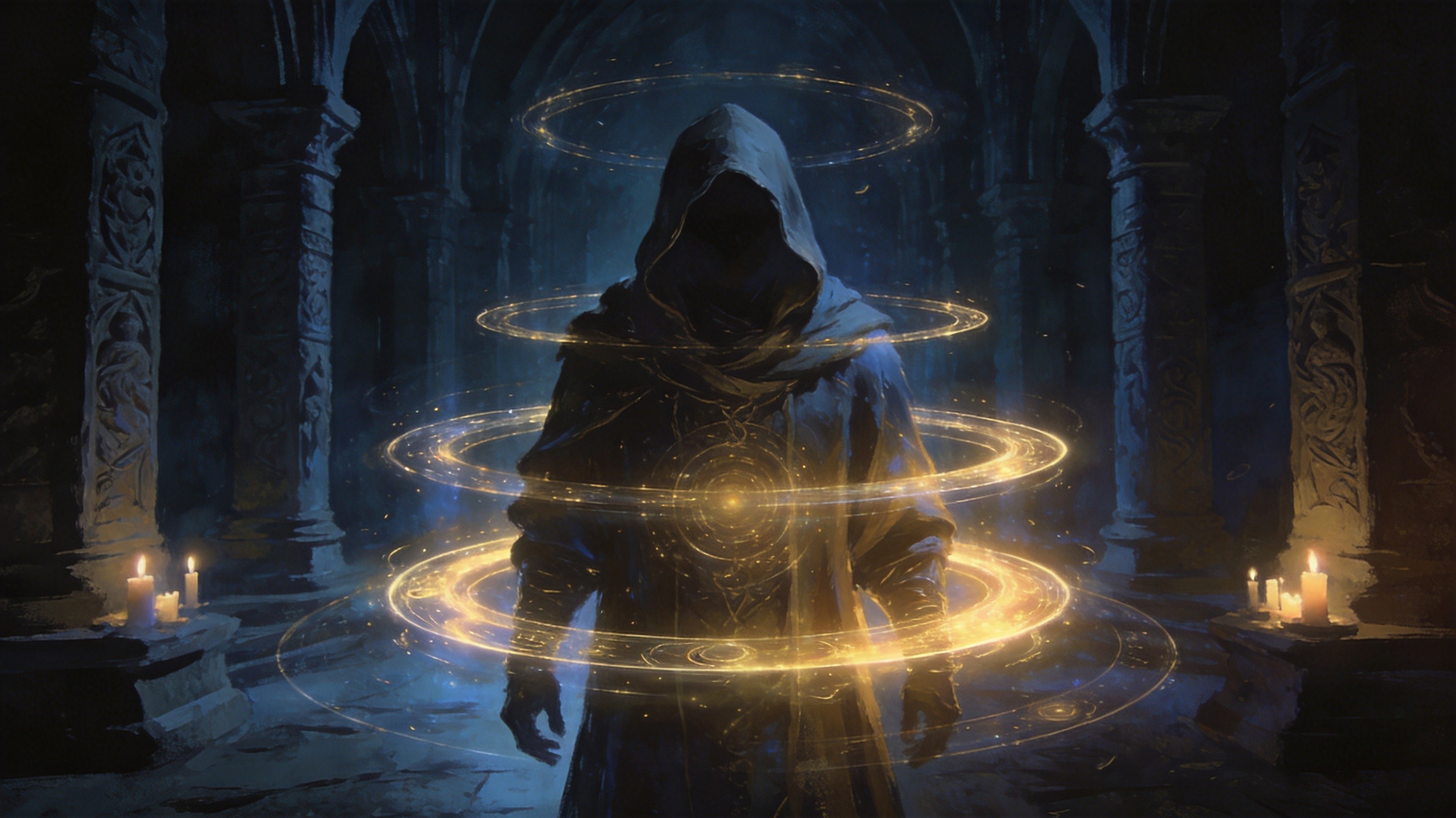 A hooded sorcerer channeling dual streams of energy from each palm, amber light intertwining with azure arcane threads in a misty forest clearing