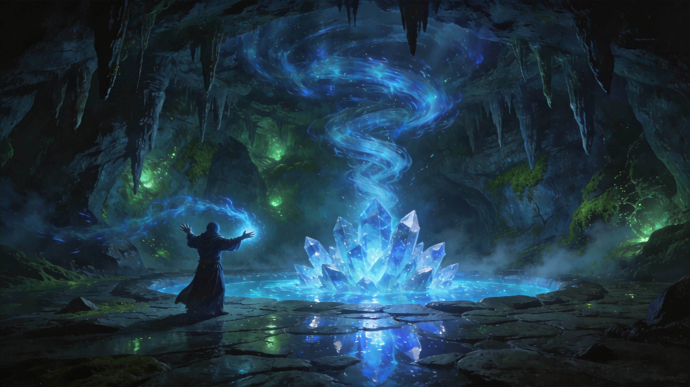 A fractured obelisk radiating runic energy, surrounded by floating crystalline shards in a cavern lit by pale violet light
