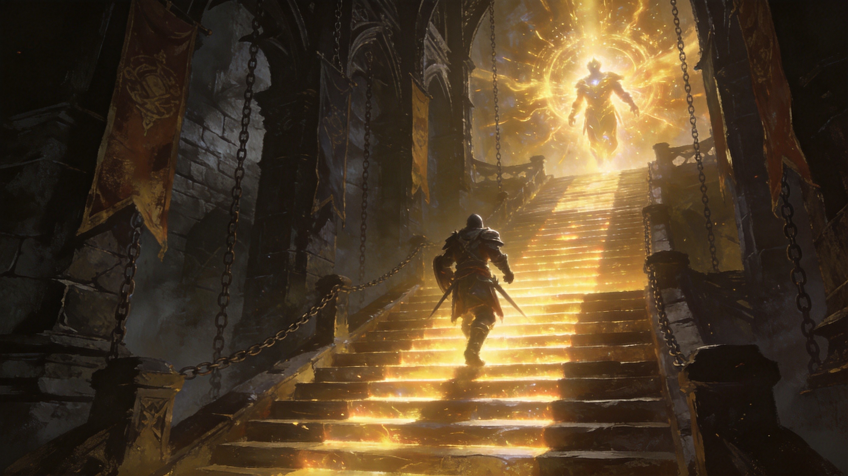 A towering figure encased in layered arcane barriers, golden light cascading over crystalline armor plates amid a storm of ethereal energy