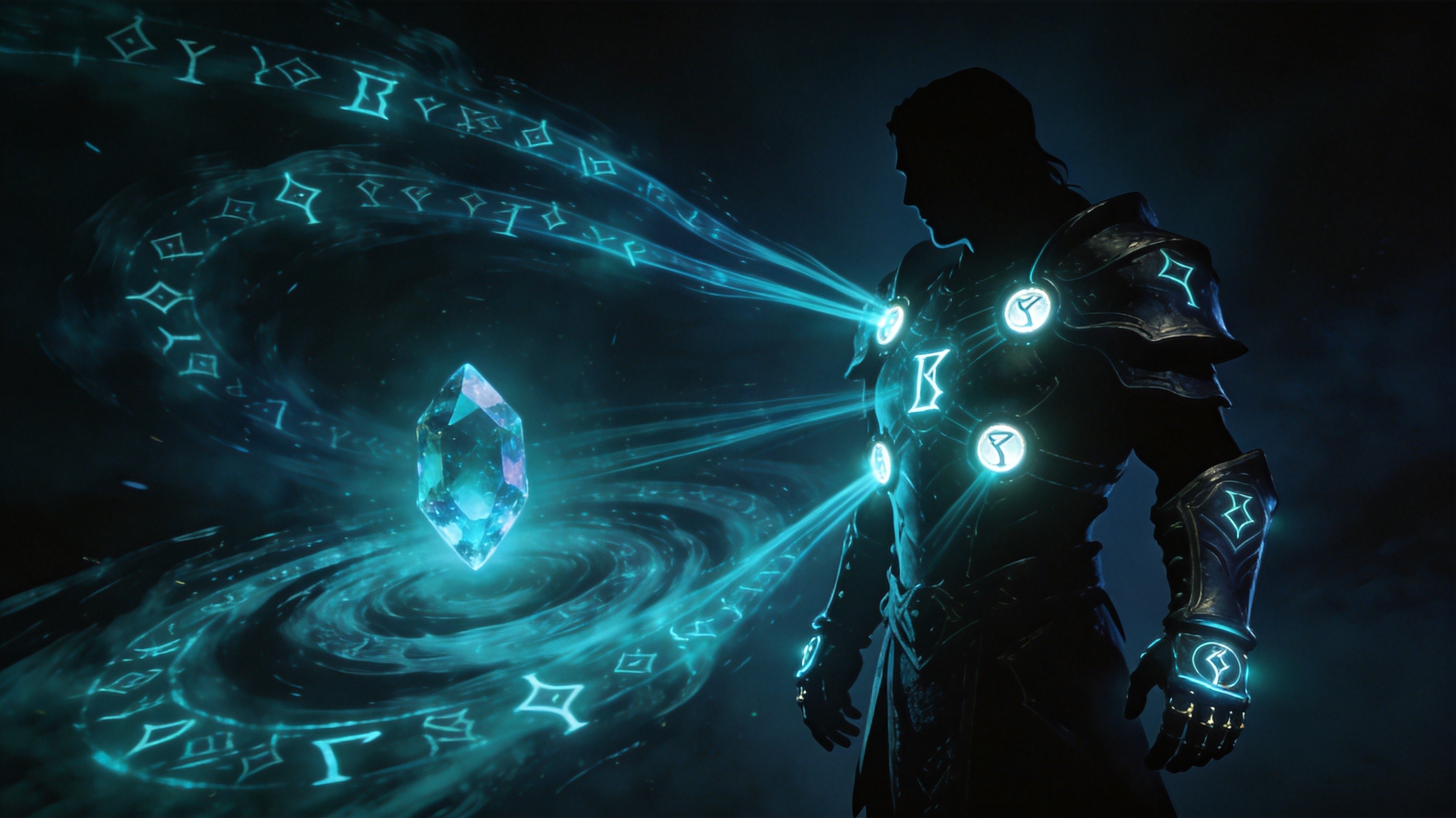 Warrior silhouette with glowing rune sockets and Kalguuran energy