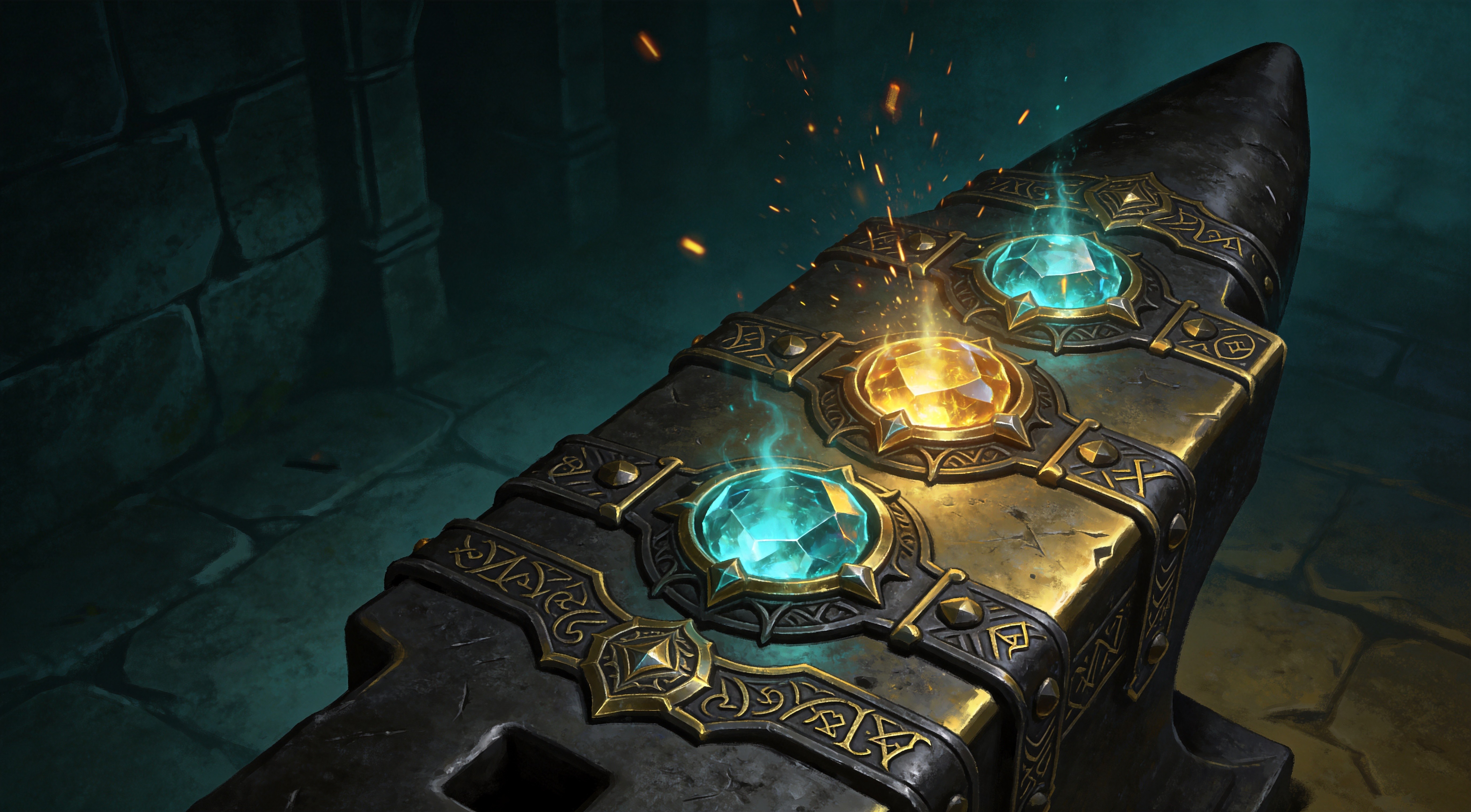 Glowing teal and gold Soul Cores slotted into armor sockets on a dark anvil, magical energy, fantasy loot art