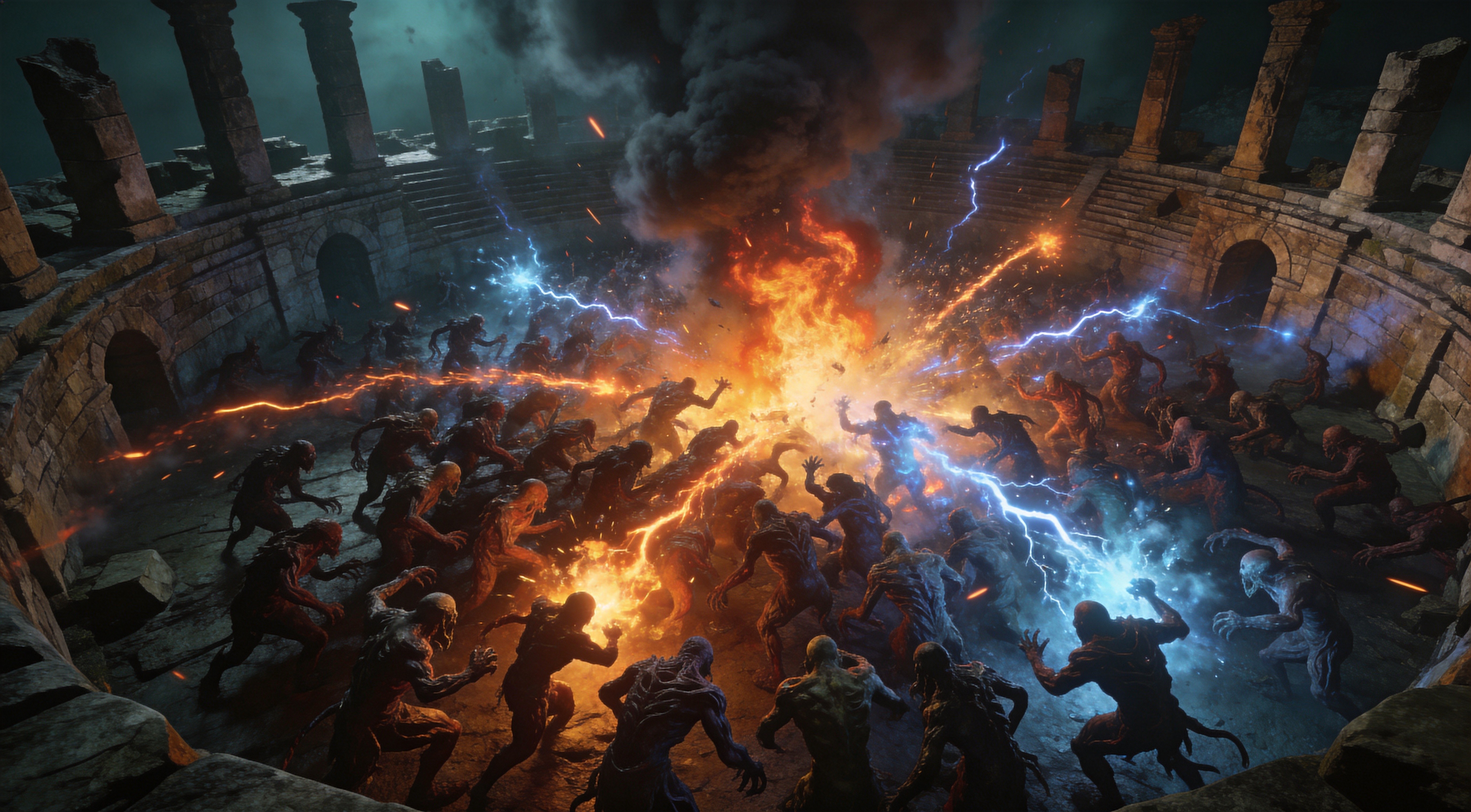 A ruined stone arena packed with hundreds of twisted monsters, fire ice and lightning skill effects exploding through the swarm, smoke and broken pillars above, high angle view, dark fantasy concept art