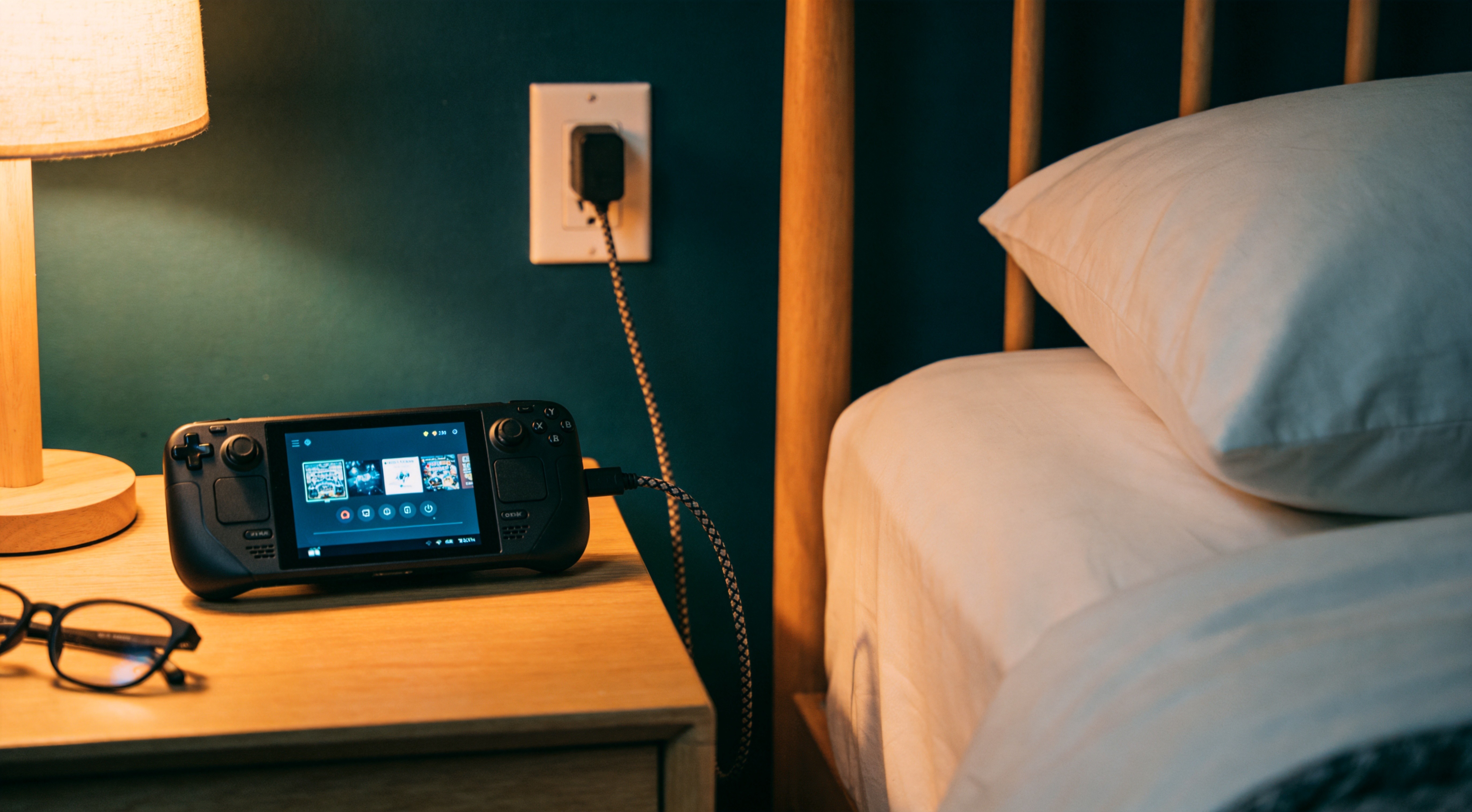 A Steam Deck charging on a bedside table at night, a braided cable plugged into a wall socket, glasses beside it, warm lamp light, quiet atmosphere, product photography