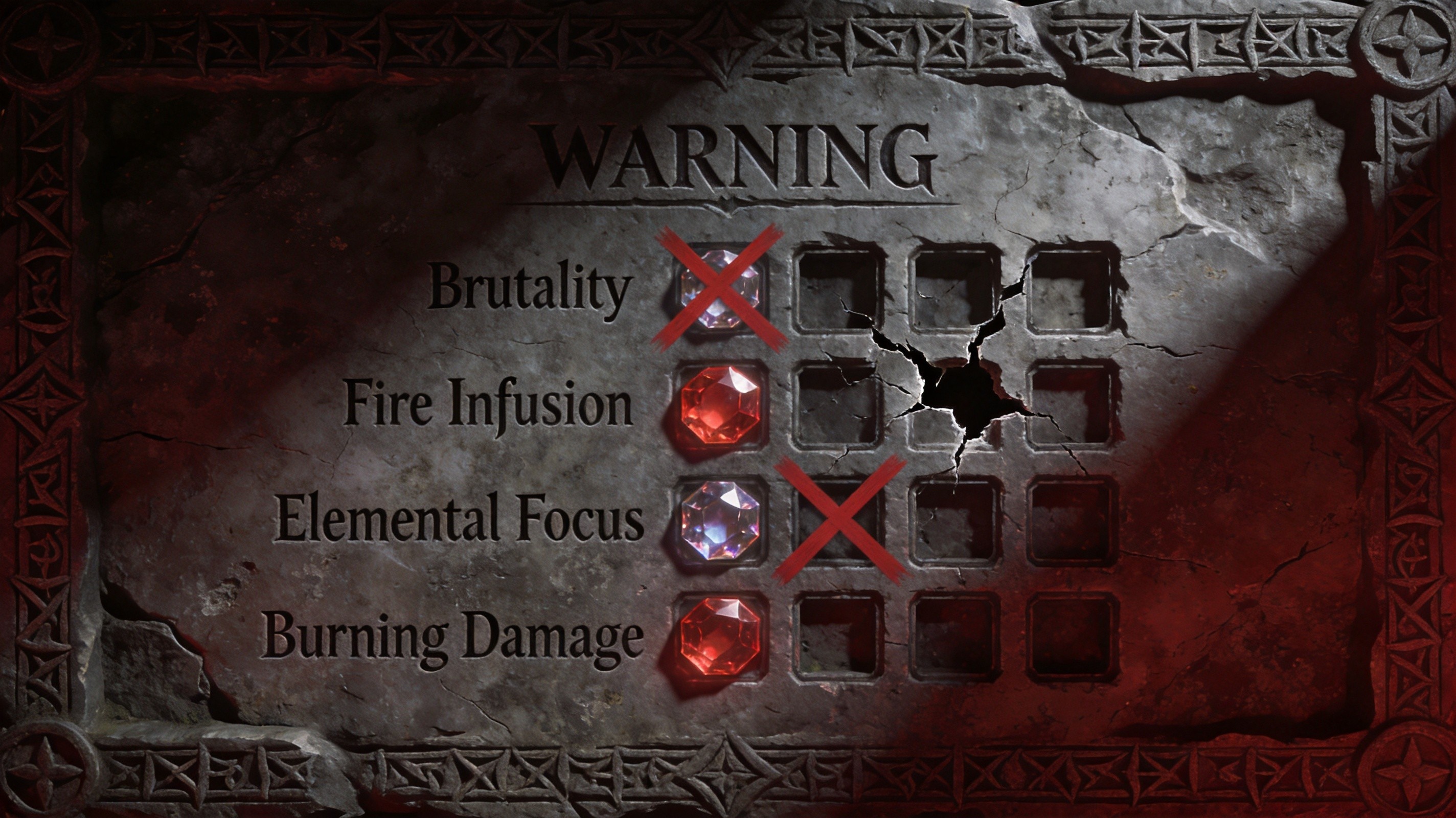 Warning stone tablet with crossed-out gem combinations
