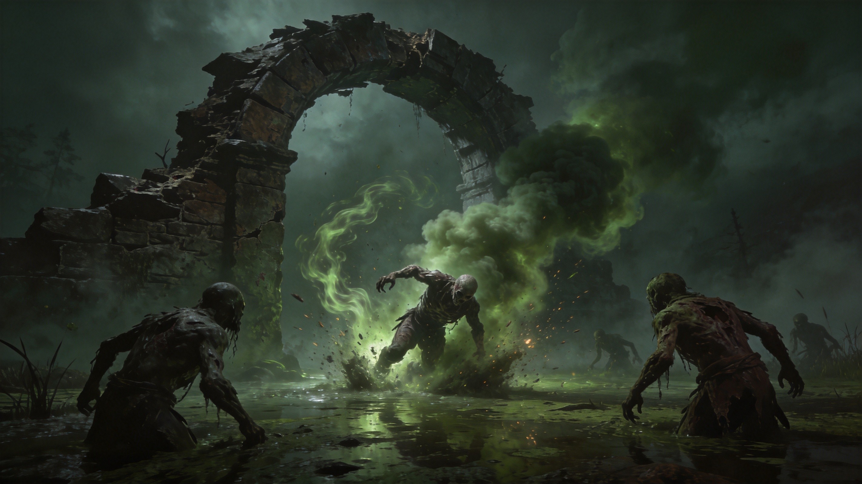 Toxic swamp scene with poison explosion chain reaction