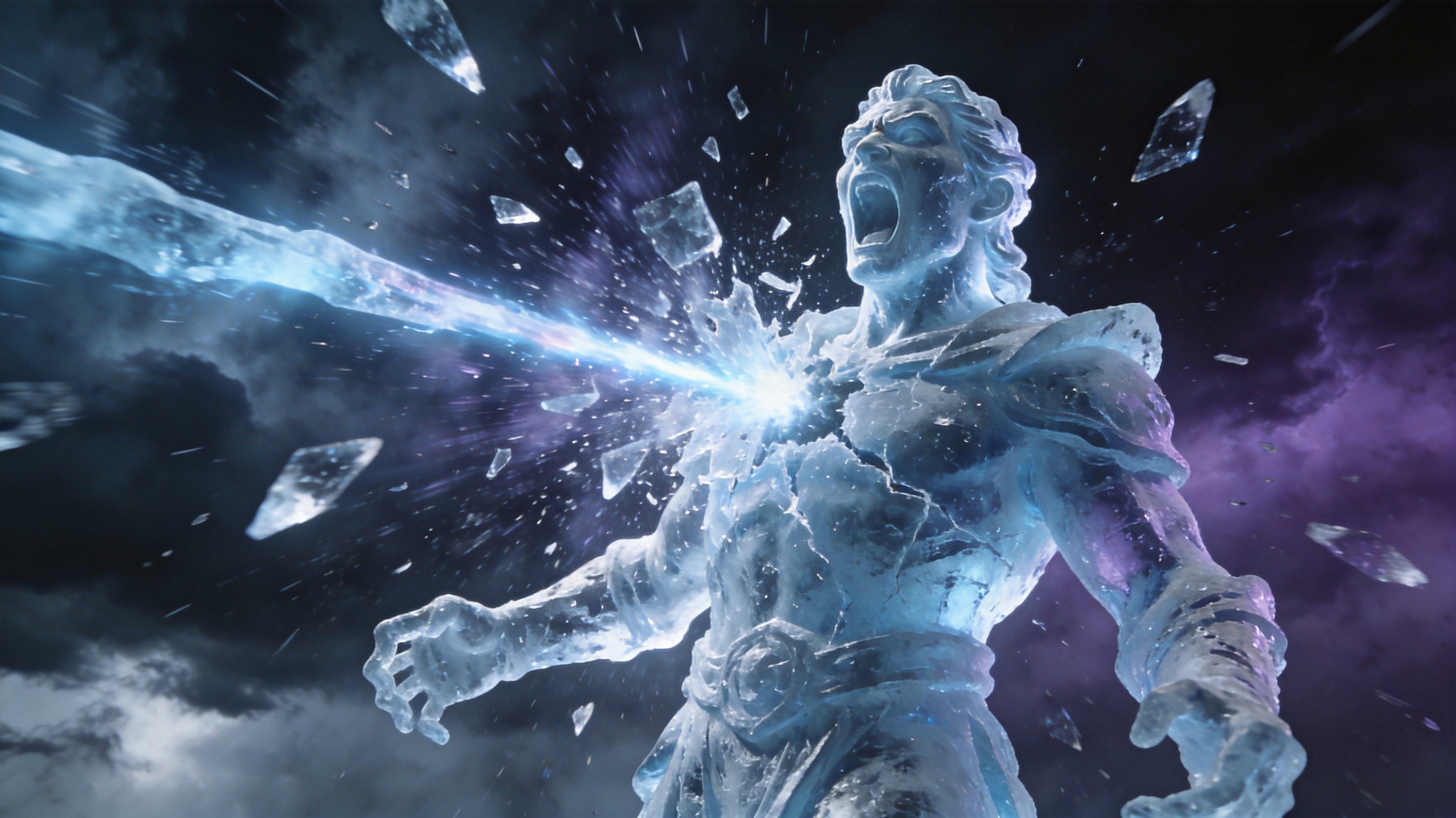 Frozen enemy statue shattered by a frostbolt in a dark landscape