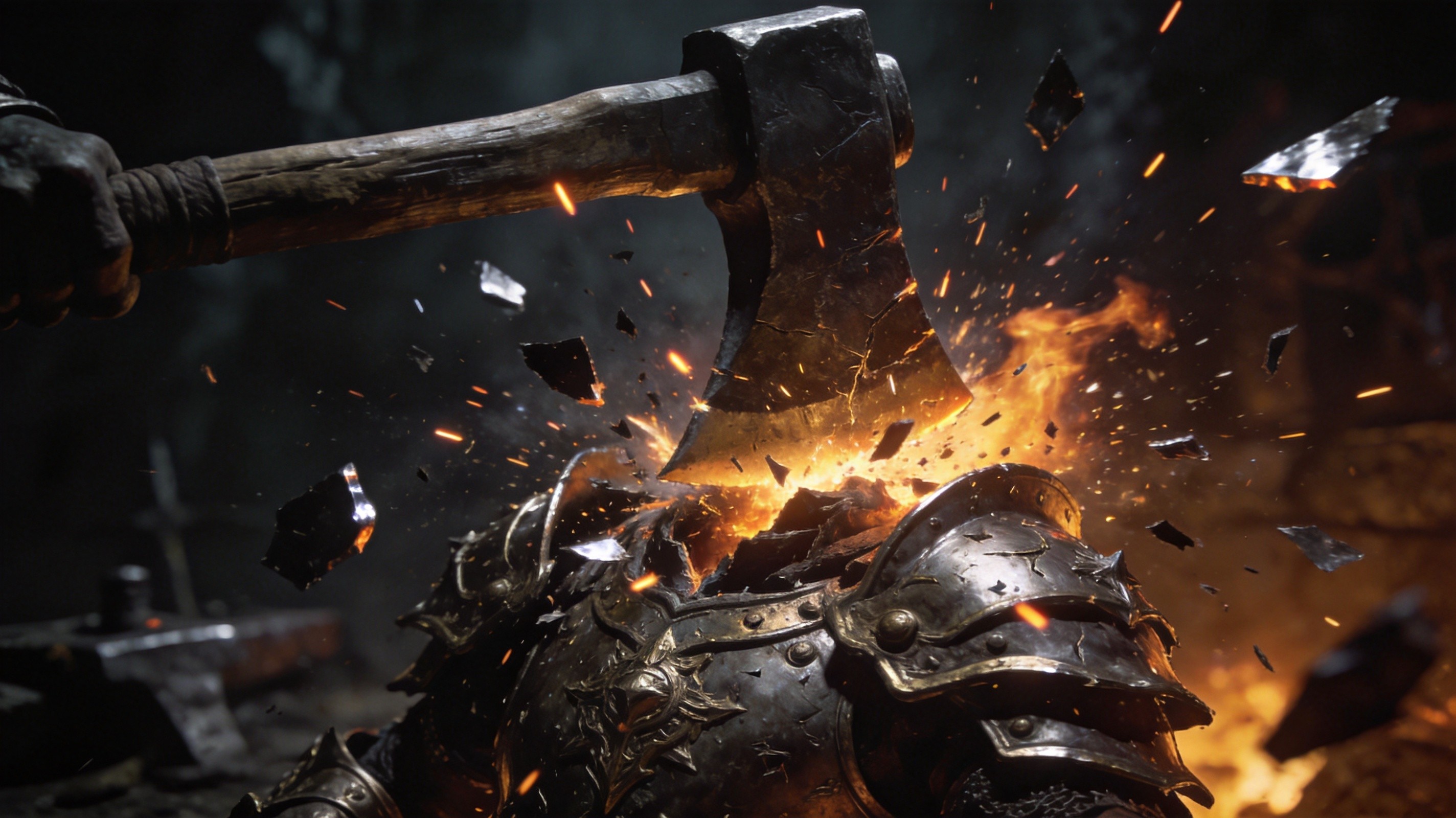 Warrior's axe shattering an enemy's armoured chestplate