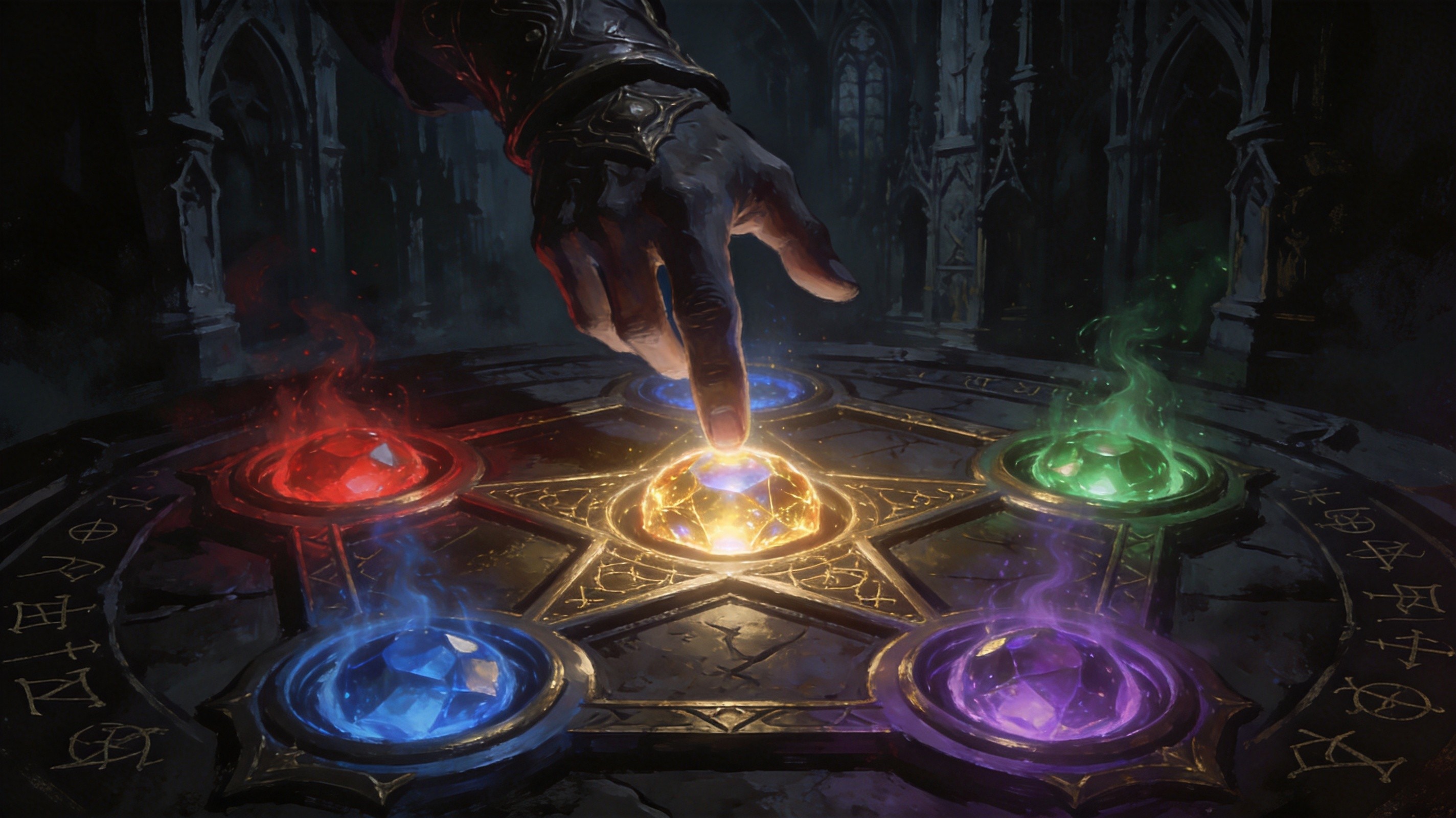 Exarch's hand hovering over a glowing five-socket gem array